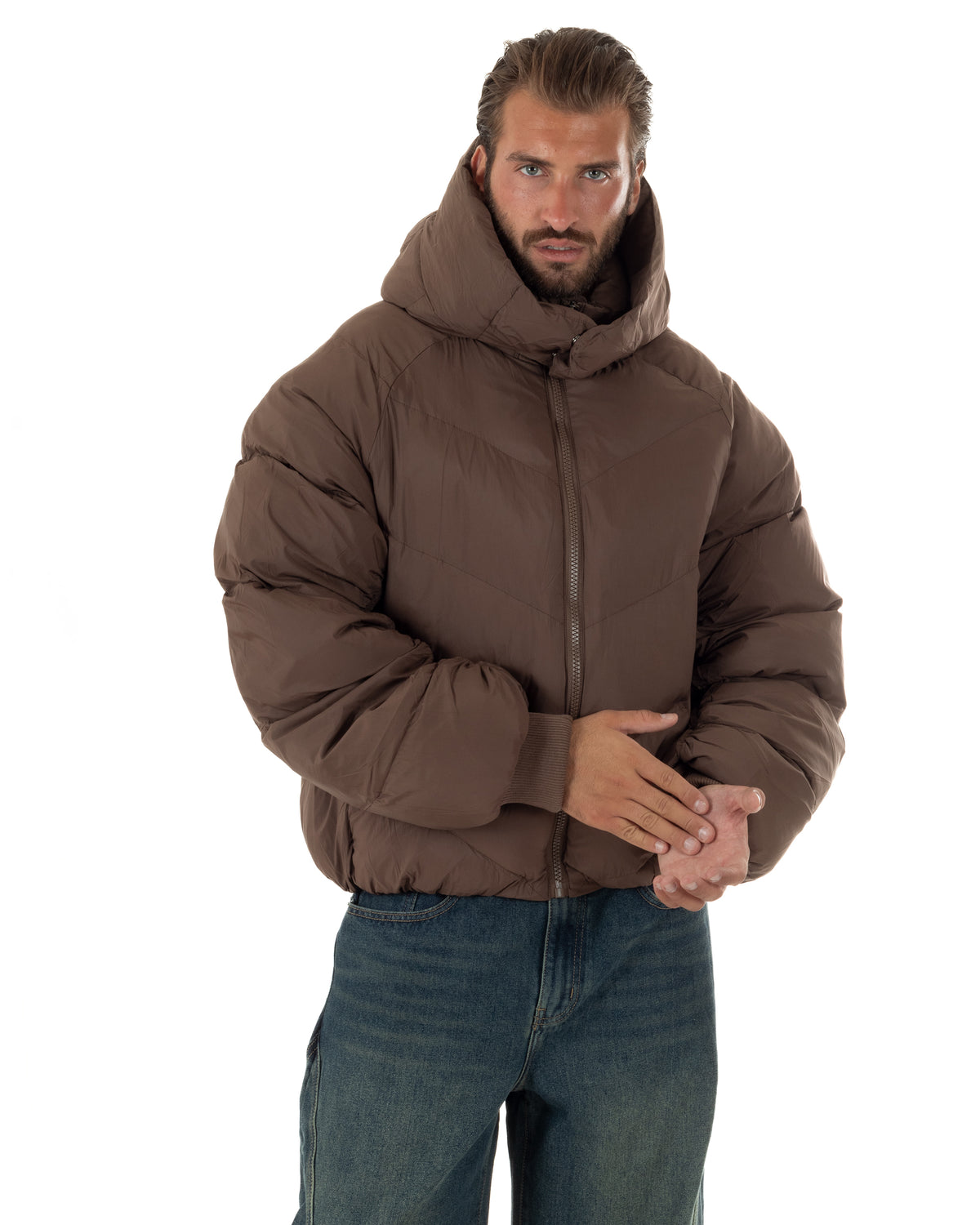 Giubbotto uomo oversize piumino bomber zip cappuccio opaco marrone GIOSAL-G3411A