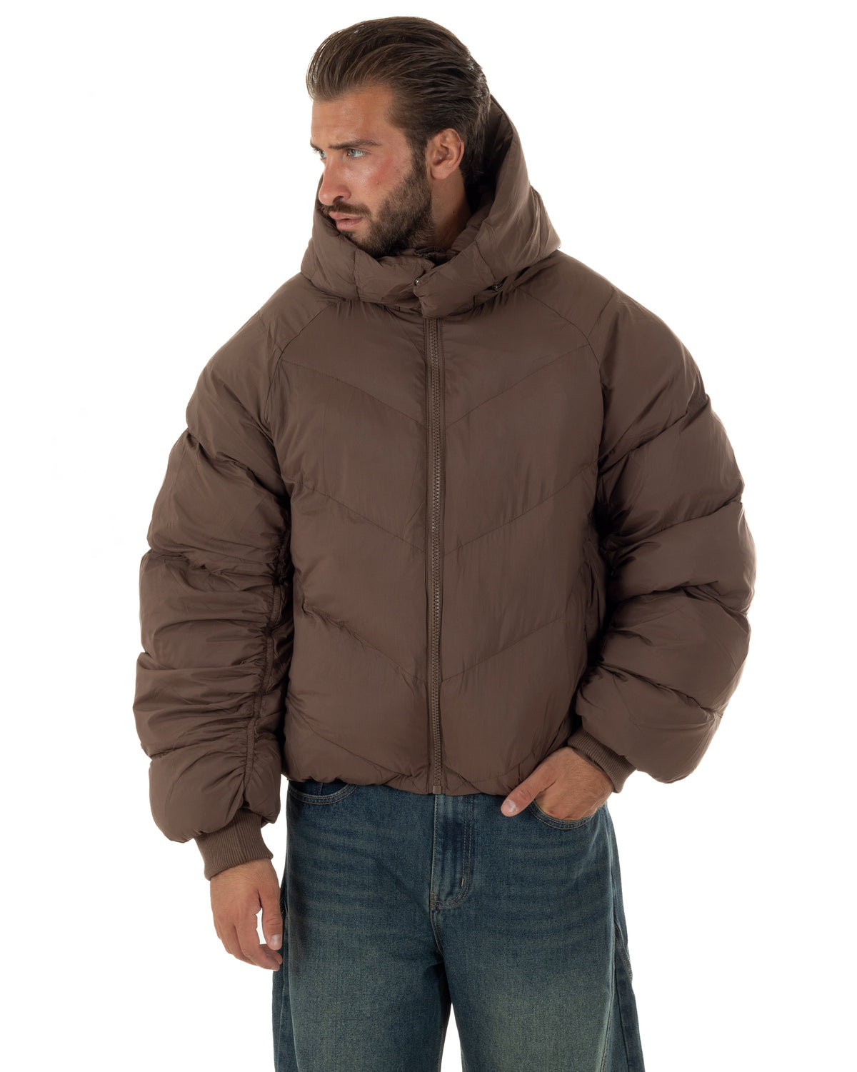 Giubbotto uomo oversize piumino bomber zip cappuccio opaco marrone GIOSAL-G3411A