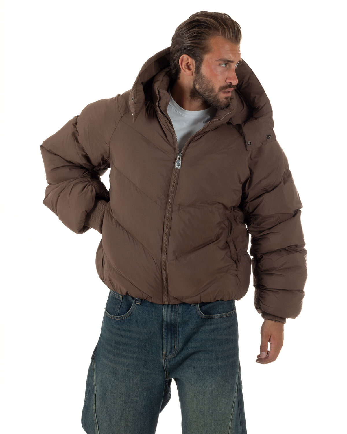 Giubbotto uomo oversize piumino bomber zip cappuccio opaco marrone GIOSAL-G3411A