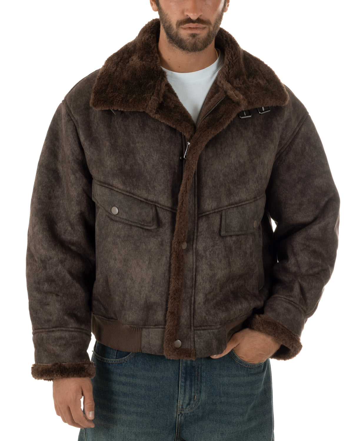 Giubbotto montone uomo camoscio imbottito giacca zip pelliccia marrone GIOSAL-G3412A