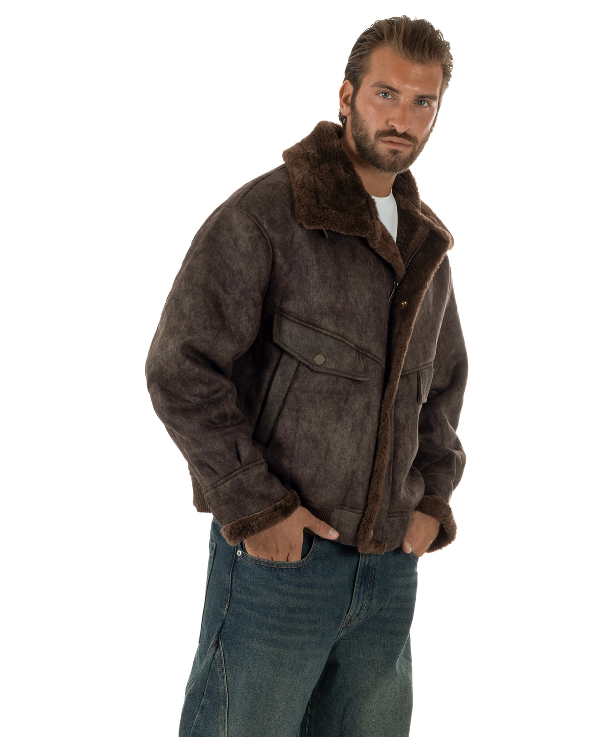 Giubbotto montone uomo camoscio imbottito giacca zip pelliccia marrone GIOSAL-G3412A