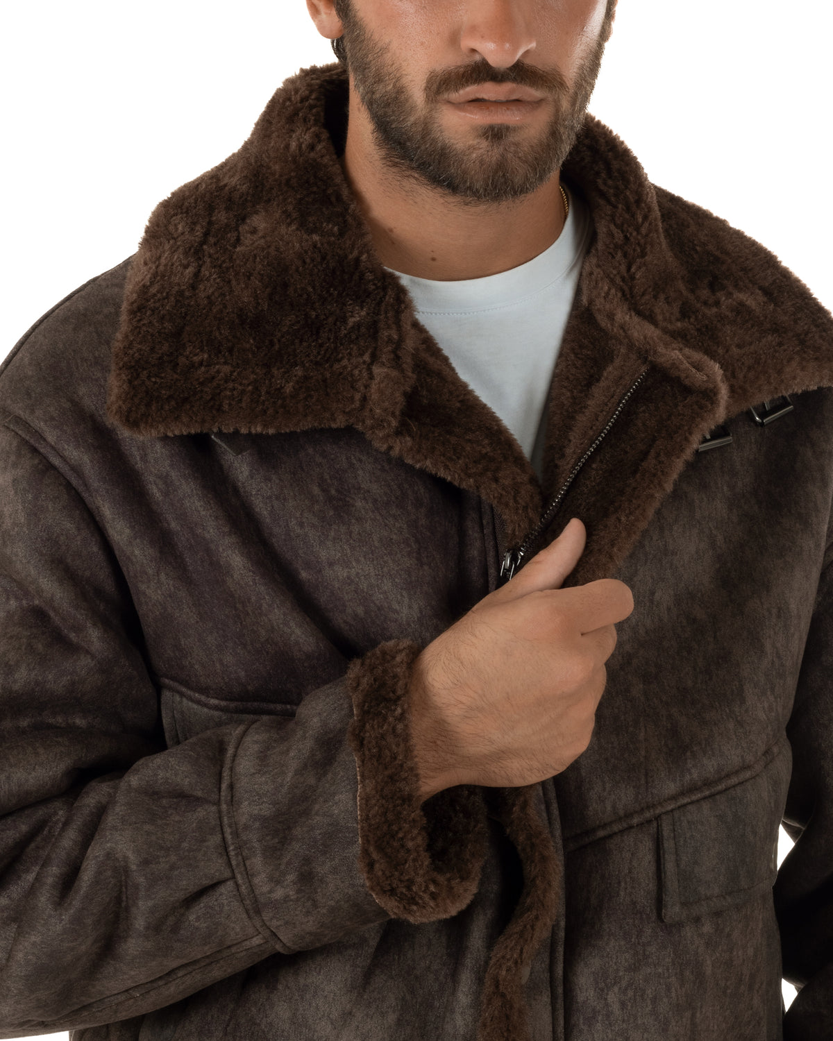 Giubbotto montone uomo camoscio imbottito giacca zip pelliccia marrone GIOSAL-G3412A