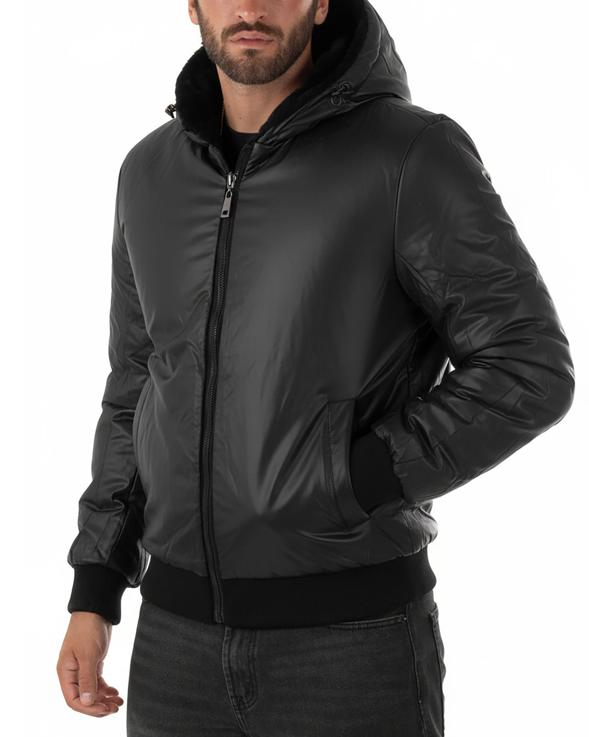 Giubbotto uomo bomber double face effetto pelliccia con cappuccio nero GIOSAL-G3413A