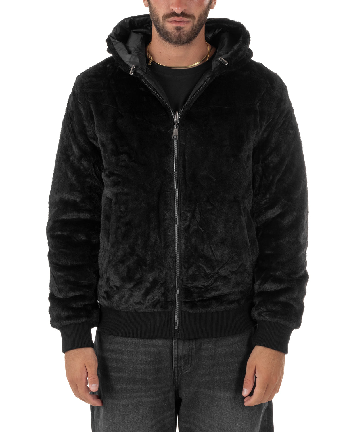 Giubbotto uomo bomber double face effetto pelliccia con cappuccio nero GIOSAL-G3413A