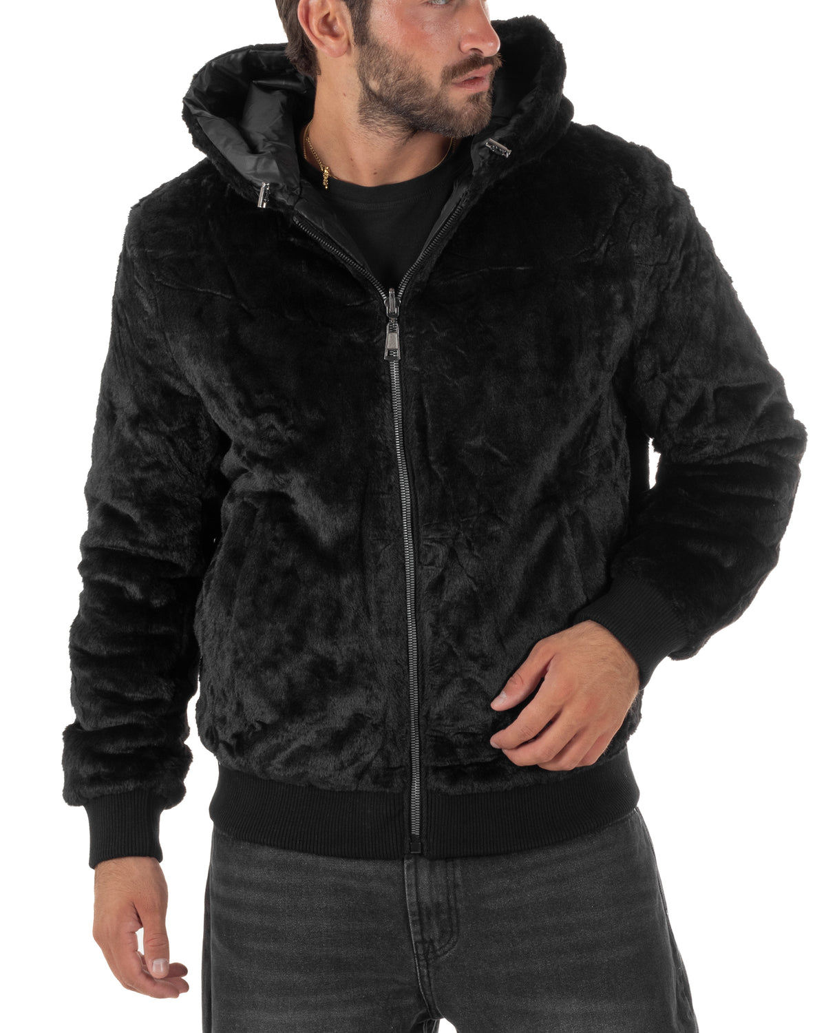Giubbotto uomo bomber double face effetto pelliccia con cappuccio nero GIOSAL-G3413A