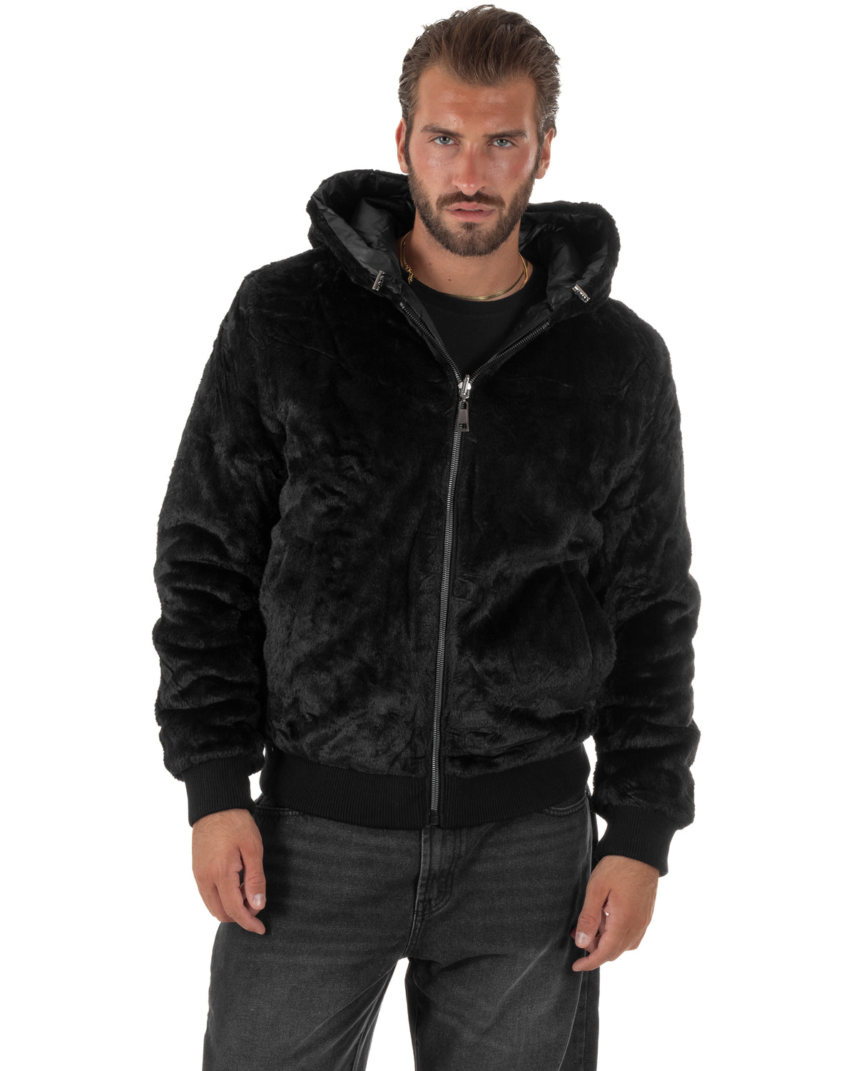 Giubbotto uomo bomber double face effetto pelliccia con cappuccio nero GIOSAL-G3413A