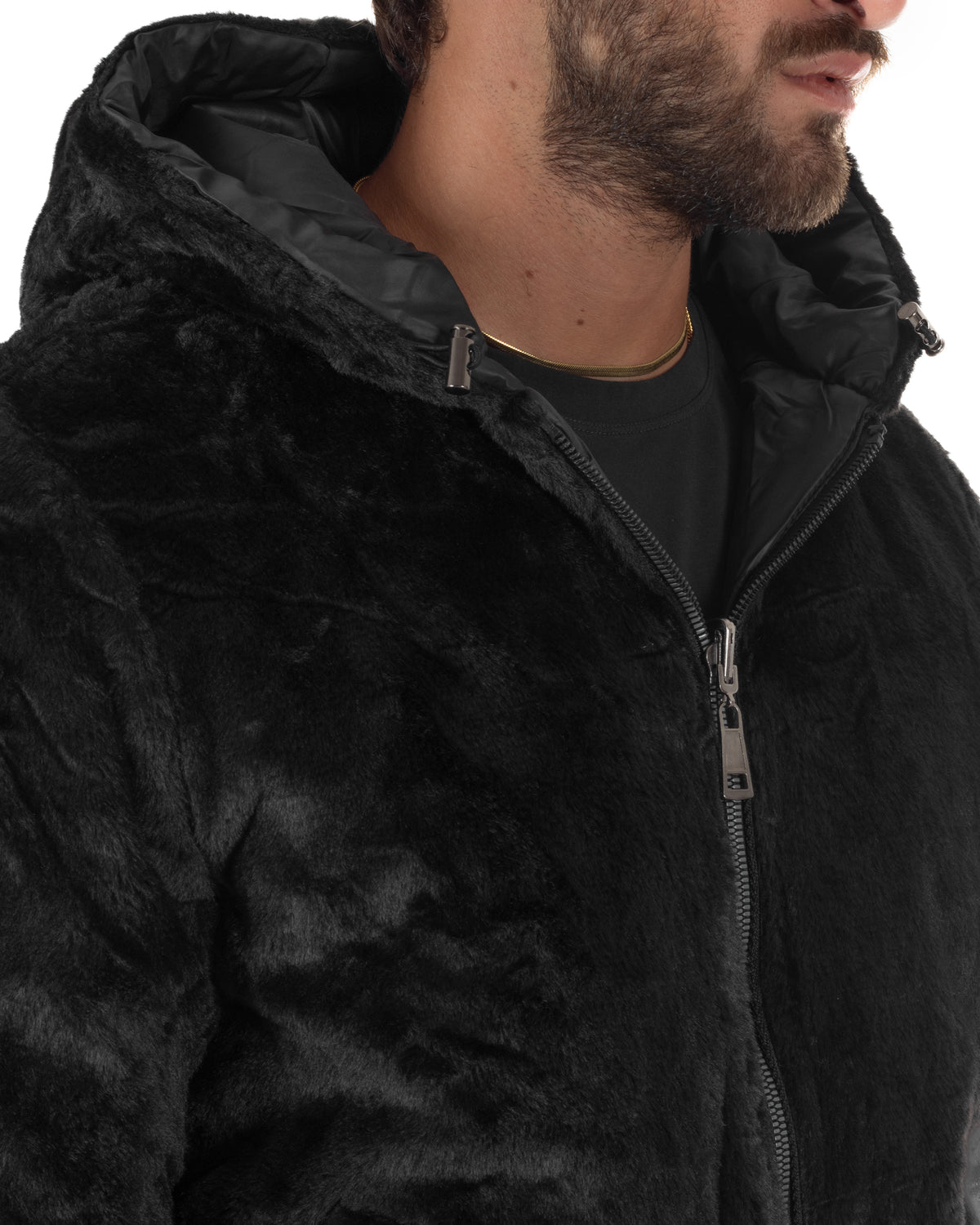 Giubbotto uomo bomber double face effetto pelliccia con cappuccio nero GIOSAL-G3413A