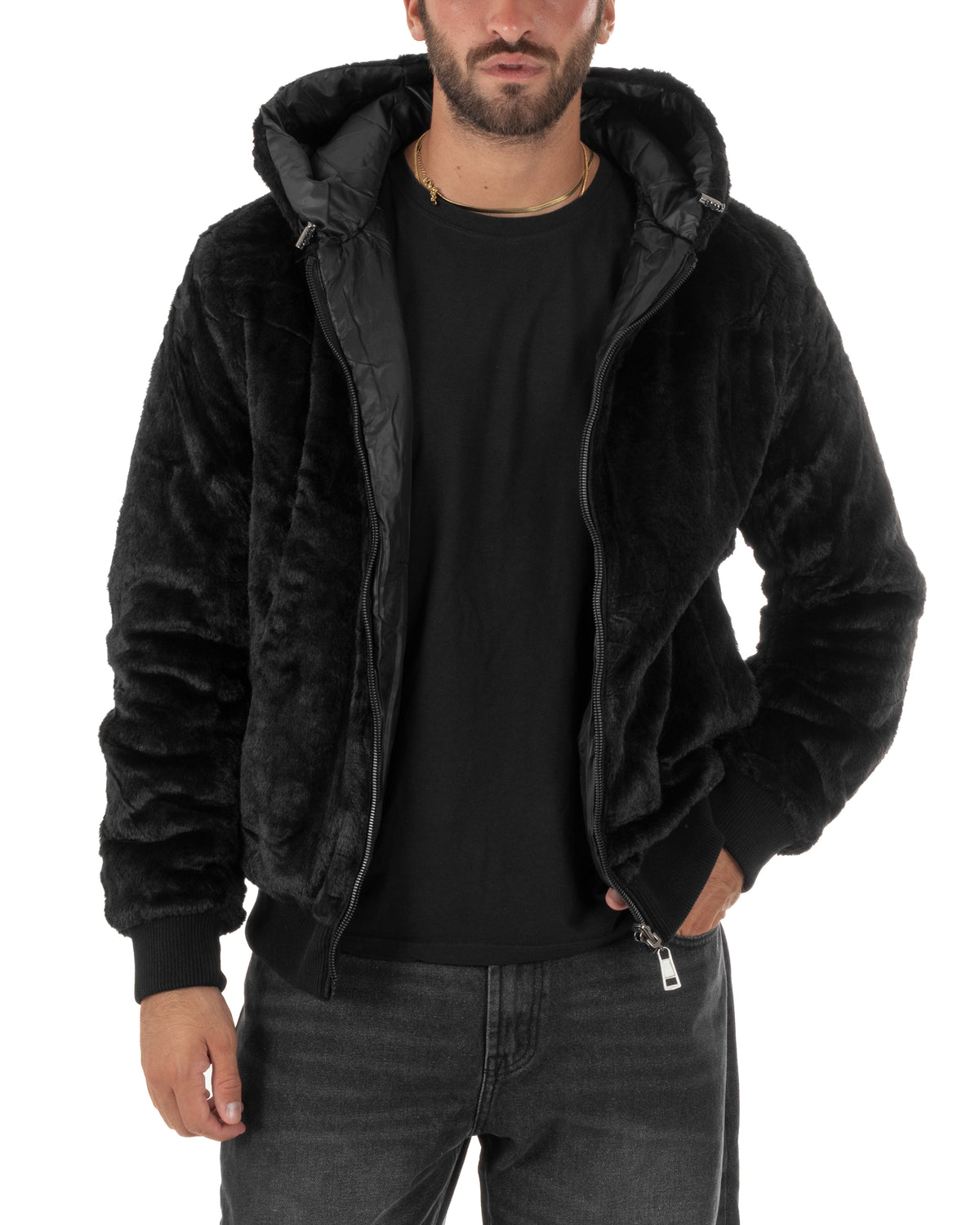 Giubbotto uomo bomber double face effetto pelliccia con cappuccio nero GIOSAL-G3413A