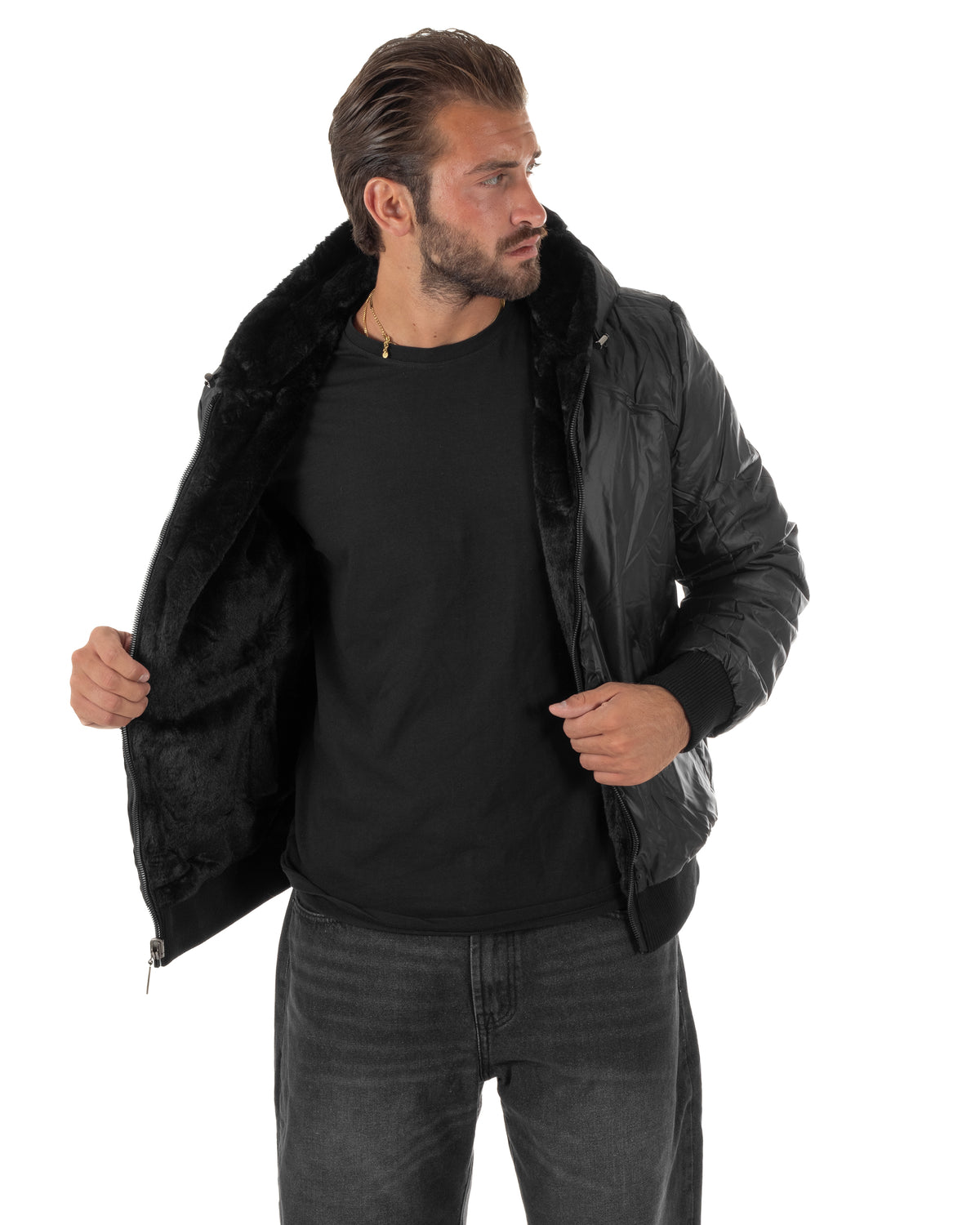 Giubbotto uomo bomber double face effetto pelliccia con cappuccio nero GIOSAL-G3413A