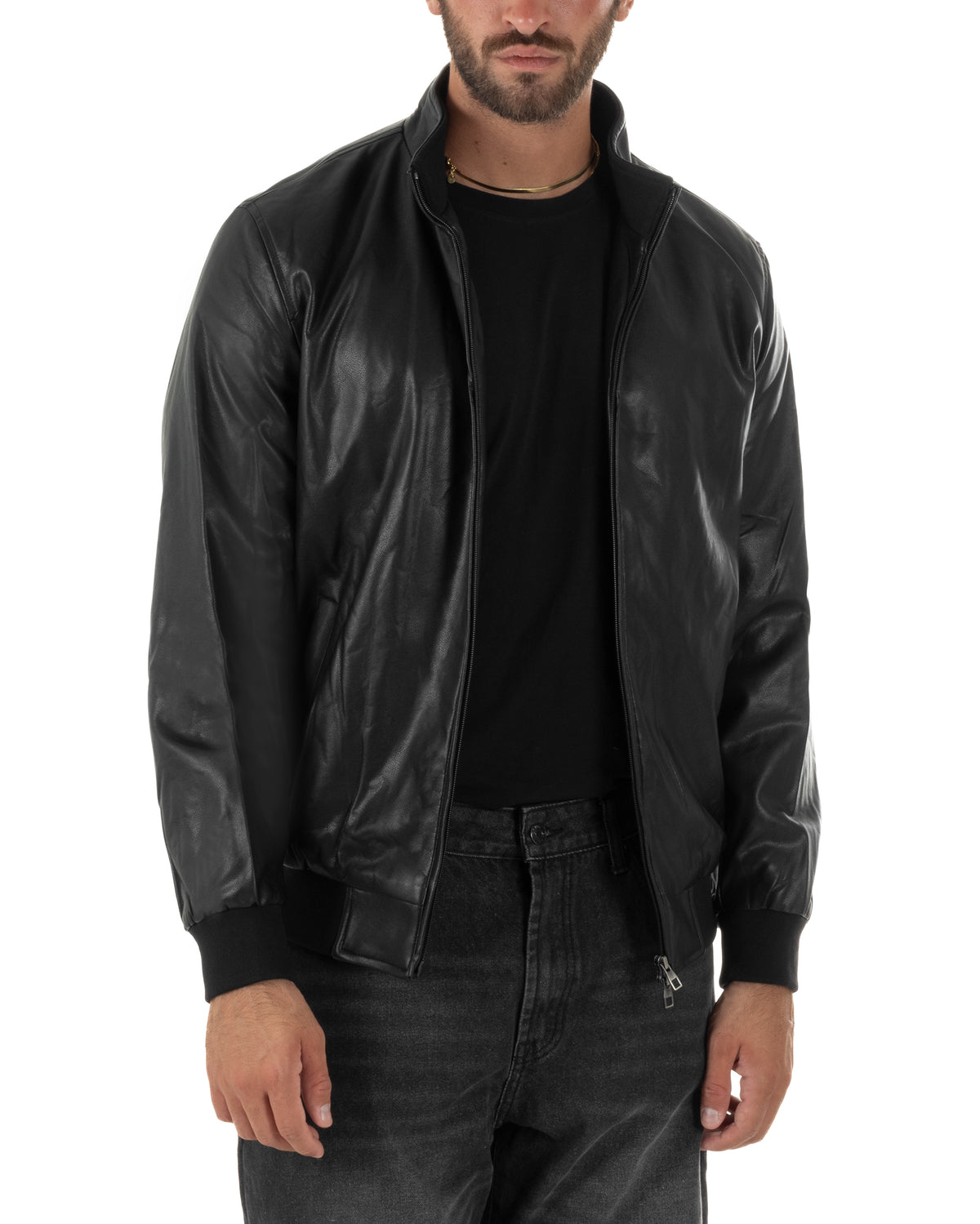 Giubbotto uomo college in ecopelle nero con collo alto