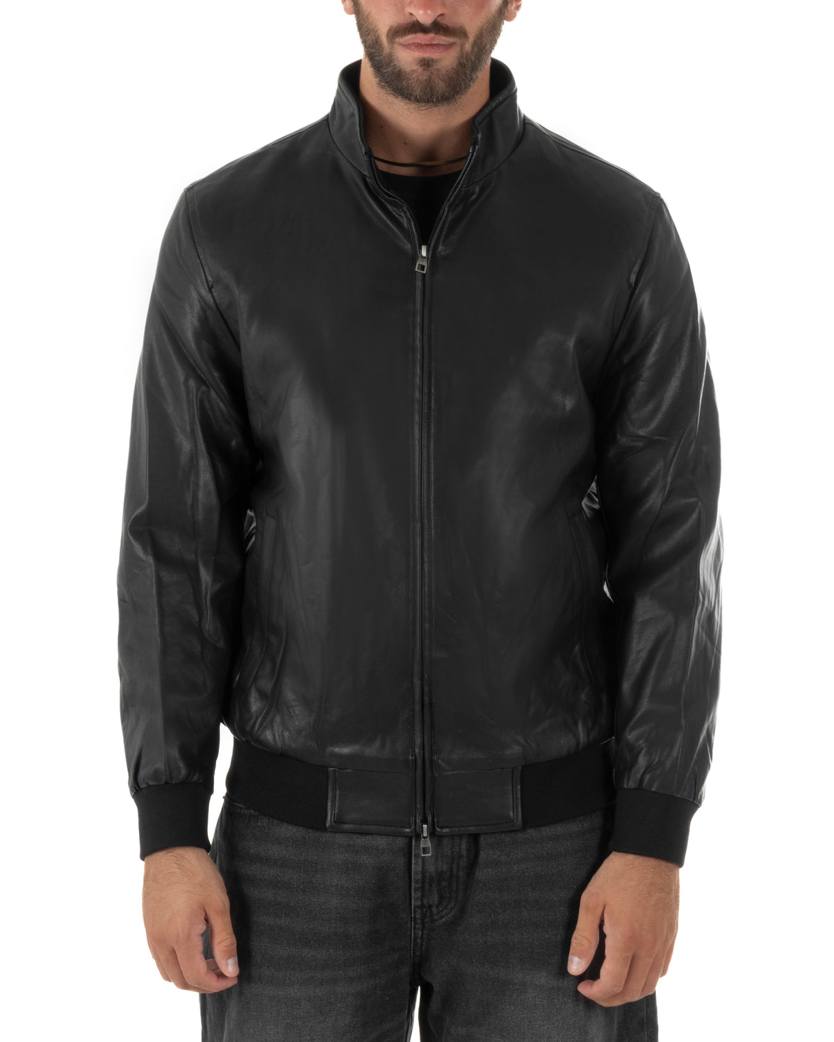 Giubbotto uomo college in ecopelle nero dal look deciso
