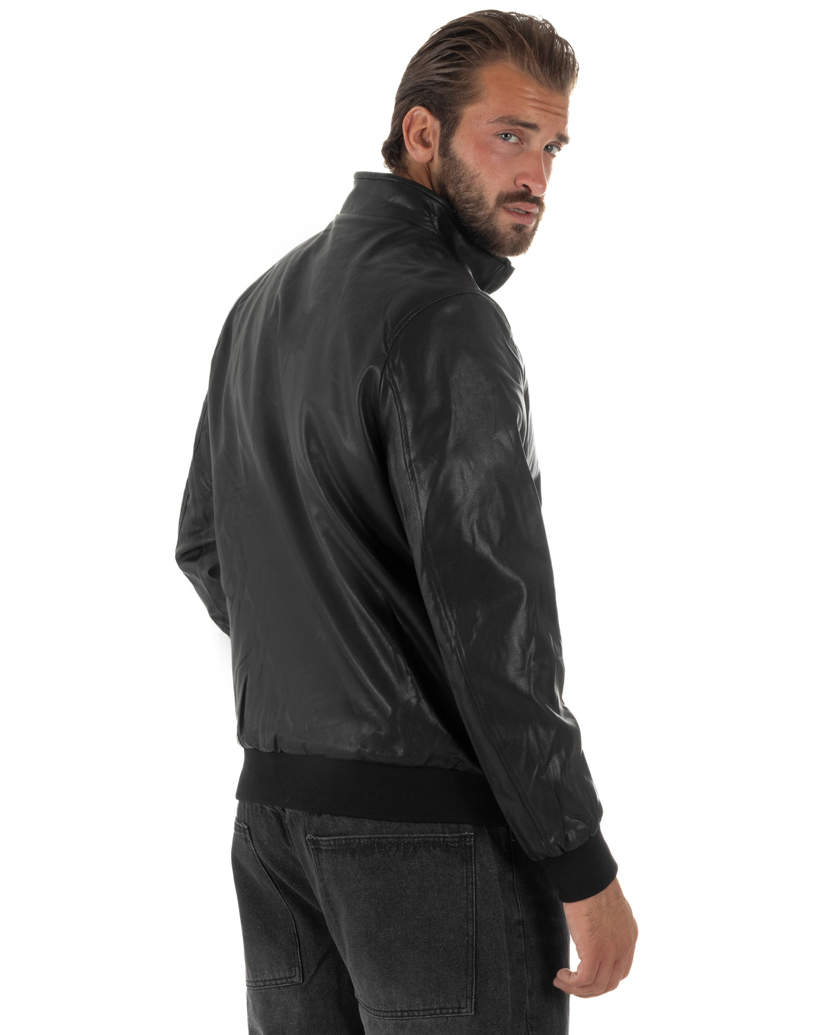 Giubbotto uomo in ecopelle nero  dal design college