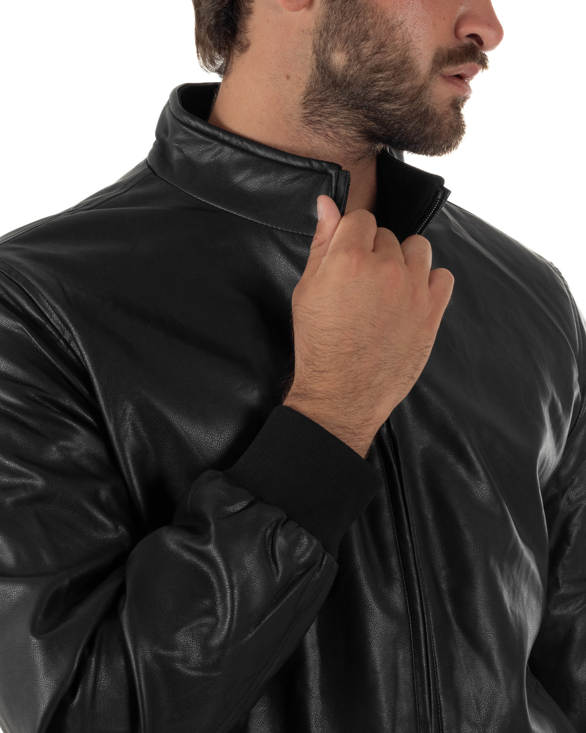 Giubbotto uomo college ecopelle biker collo alto chiusura zip nero GIOSAL-G3415A