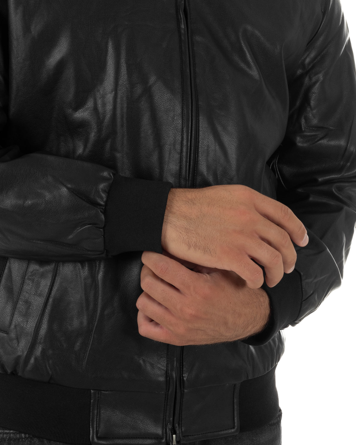 Giubbotto uomo college ecopelle biker collo alto chiusura zip nero GIOSAL-G3415A