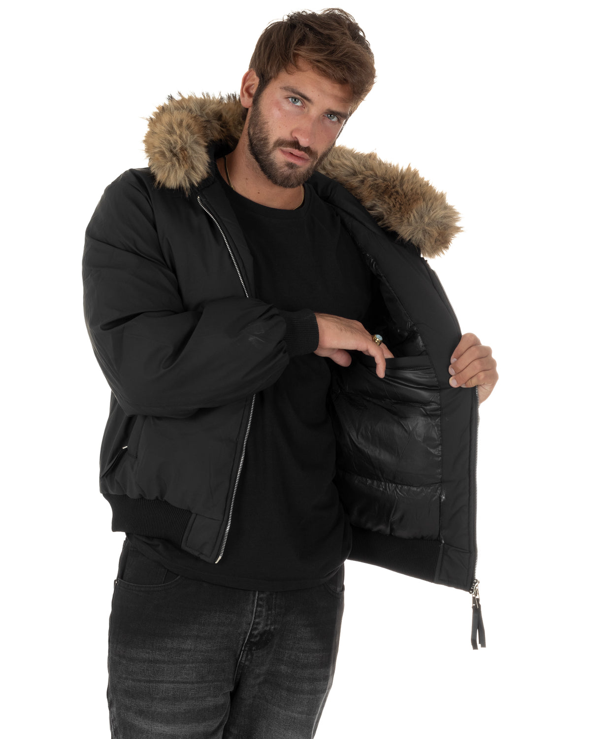 Giubbotto uomo bomber imbottito zip con cappuccio pelliccia nero GIOSAL-G3416A