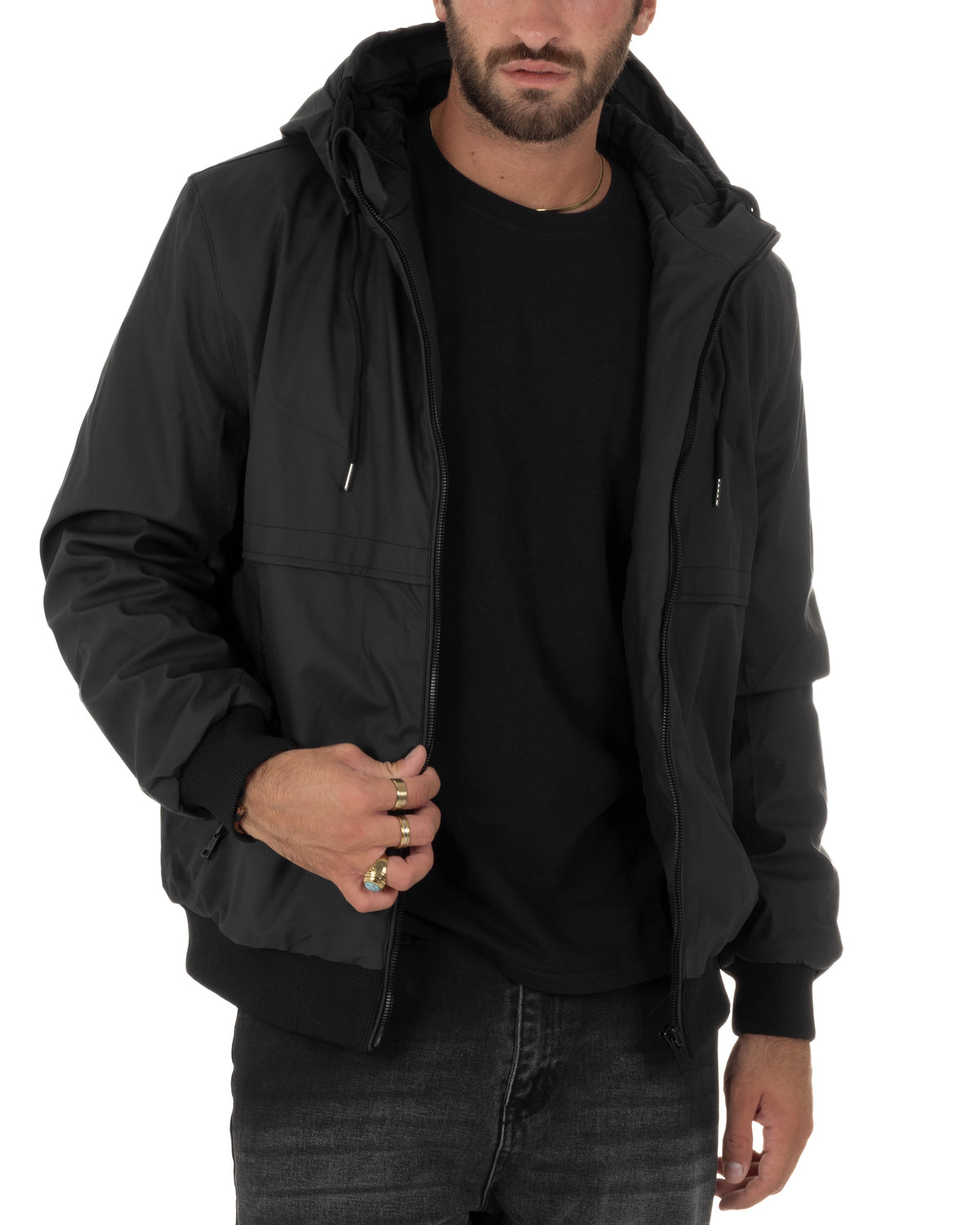 Giubbotto uomo tessuto tecnico imbottito zip cappuccio nero GIOSAL-G3417A