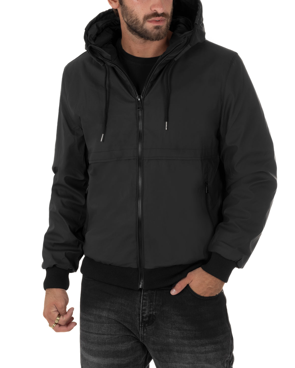 Giubbotto uomo tessuto tecnico imbottito zip cappuccio nero GIOSAL-G3417A