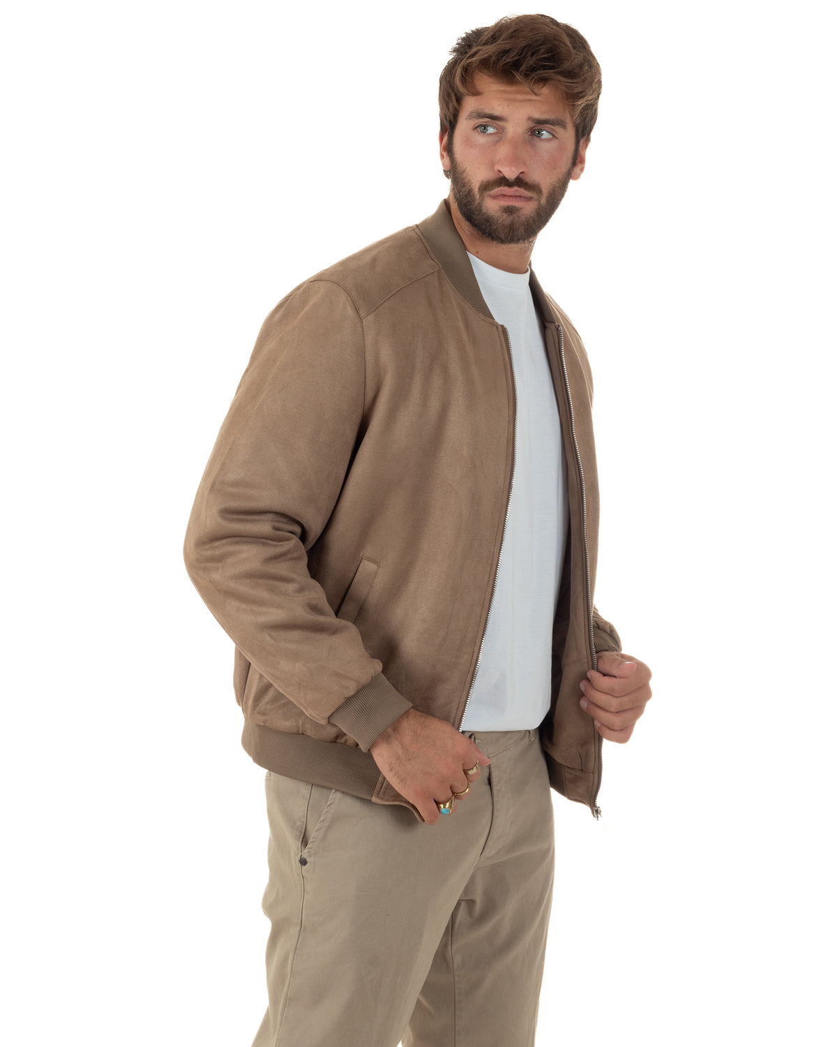 Giubbotto bomber uomo camoscio college zip beige GIOSAL-G3421A
