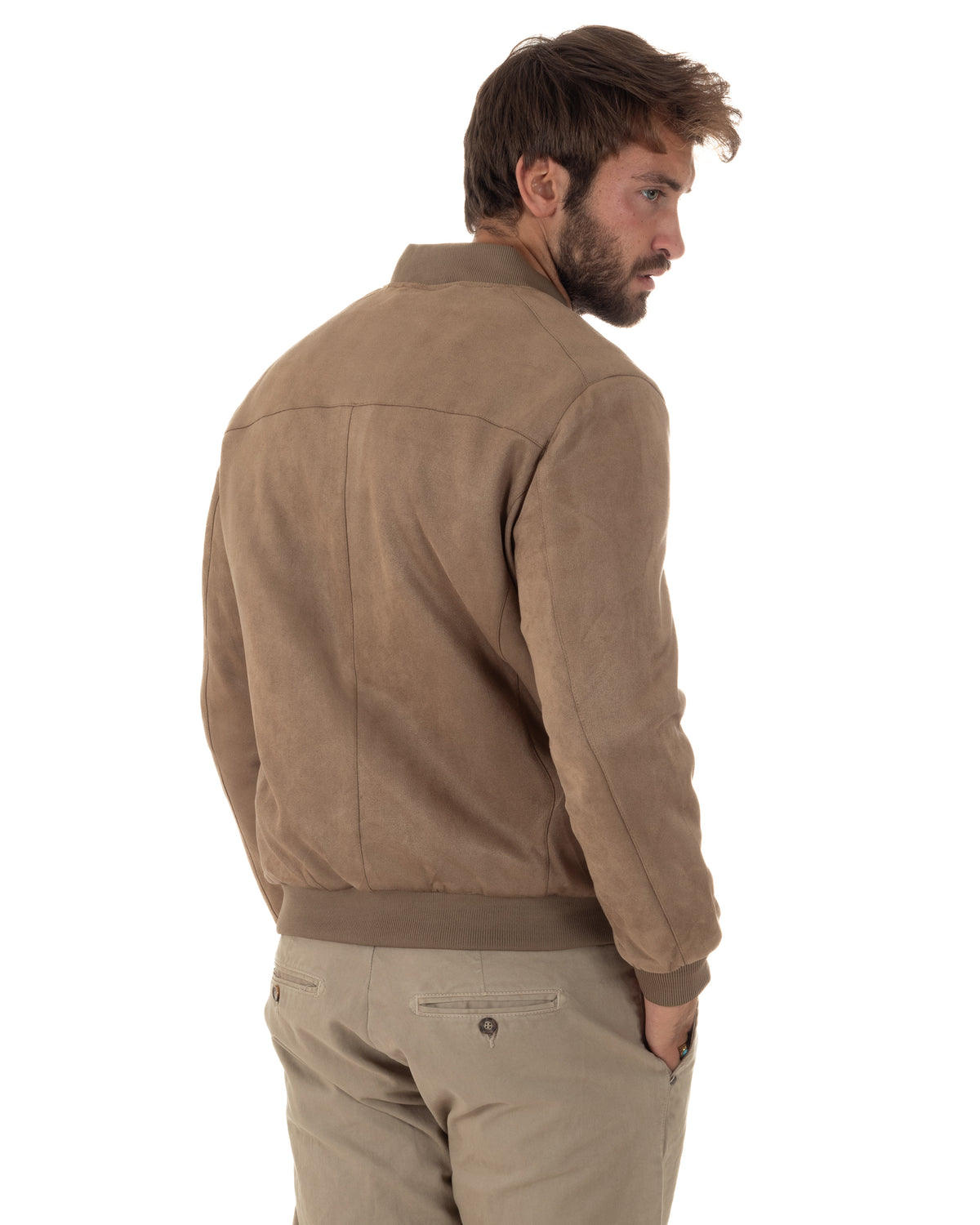 Giubbotto bomber uomo camoscio college zip beige GIOSAL-G3421A