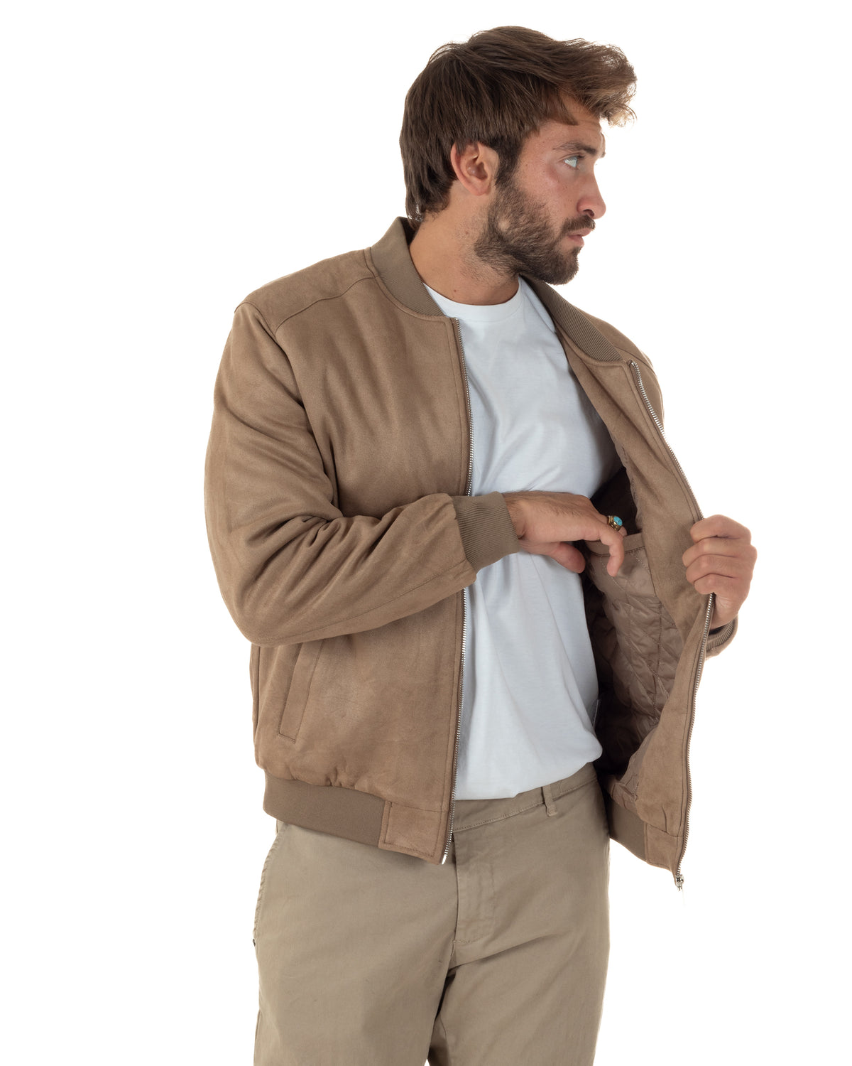 Giubbotto bomber uomo camoscio college zip beige GIOSAL-G3421A
