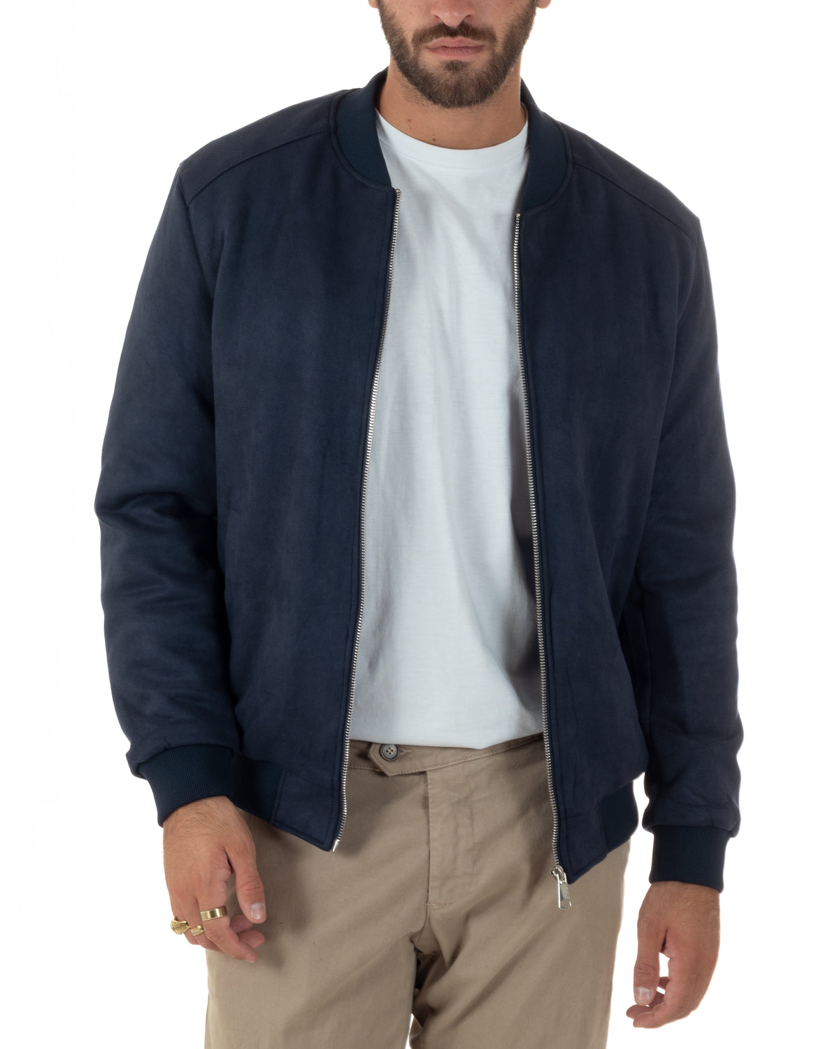 Giubbotto bomber uomo camoscio college zip blu GIOSAL-G3422A