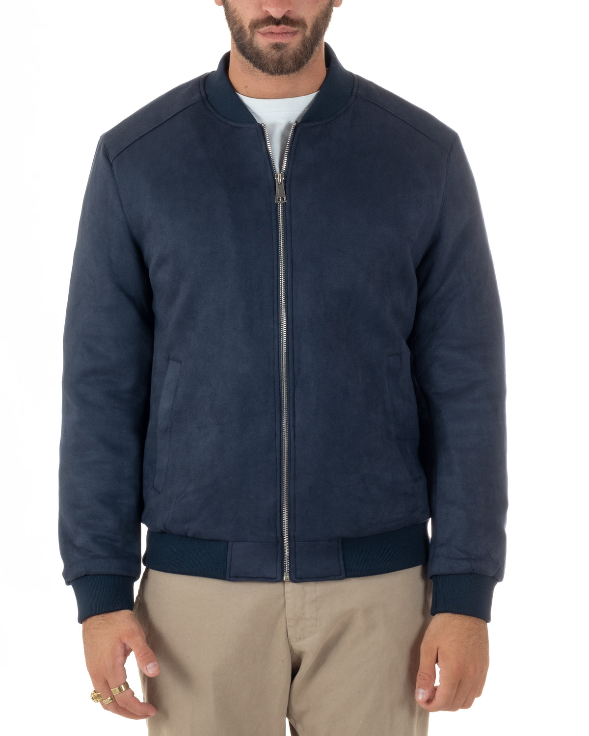 Giubbotto bomber uomo camoscio college zip blu GIOSAL-G3422A