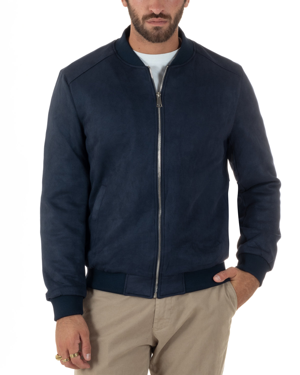 Giubbotto bomber uomo camoscio college zip blu GIOSAL-G3422A