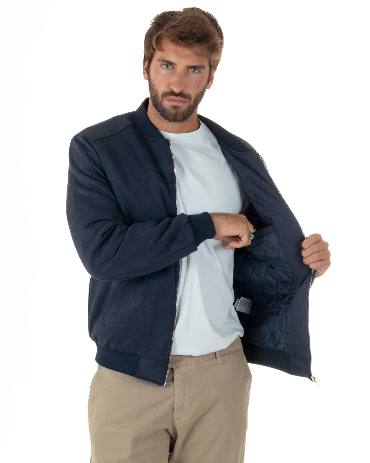 Giubbotto bomber uomo camoscio college zip blu GIOSAL-G3422A