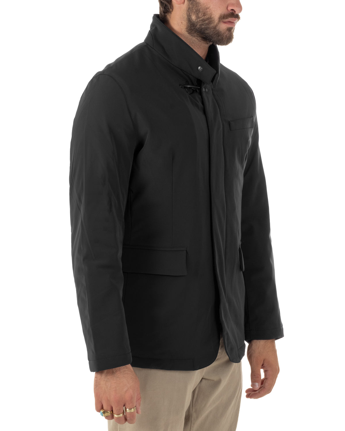Giubbotto uomo giacca tessuto tecnico impermeabile zip collo alto nero GIOSAL-G3424A