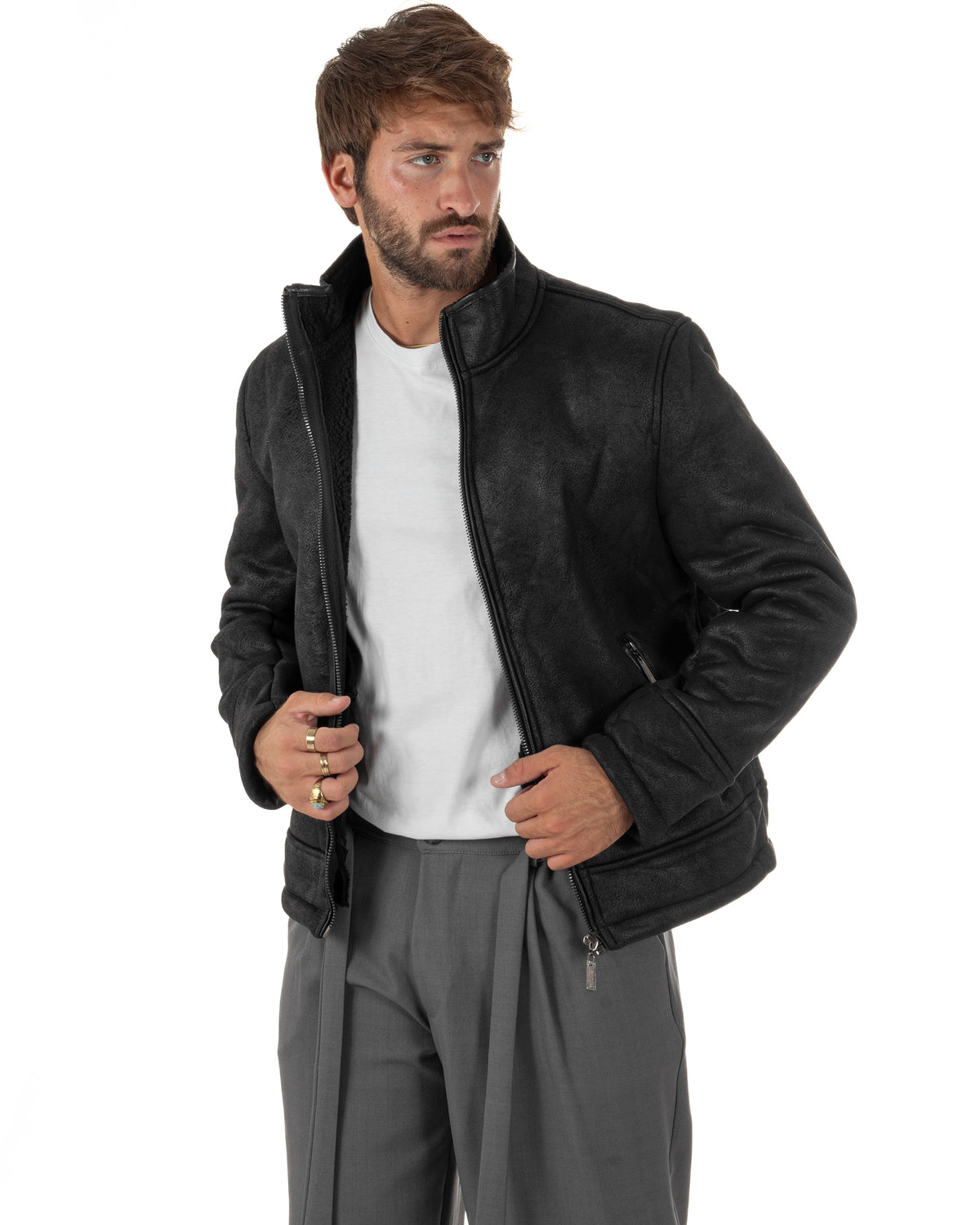 Giubbotto montone uomo camoscio aviatore zip nero GIOSAL-G3425A