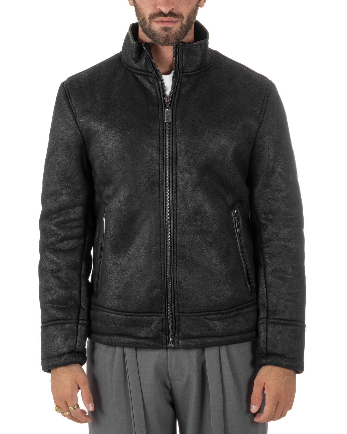 Giubbotto montone uomo camoscio aviatore zip nero GIOSAL-G3425A