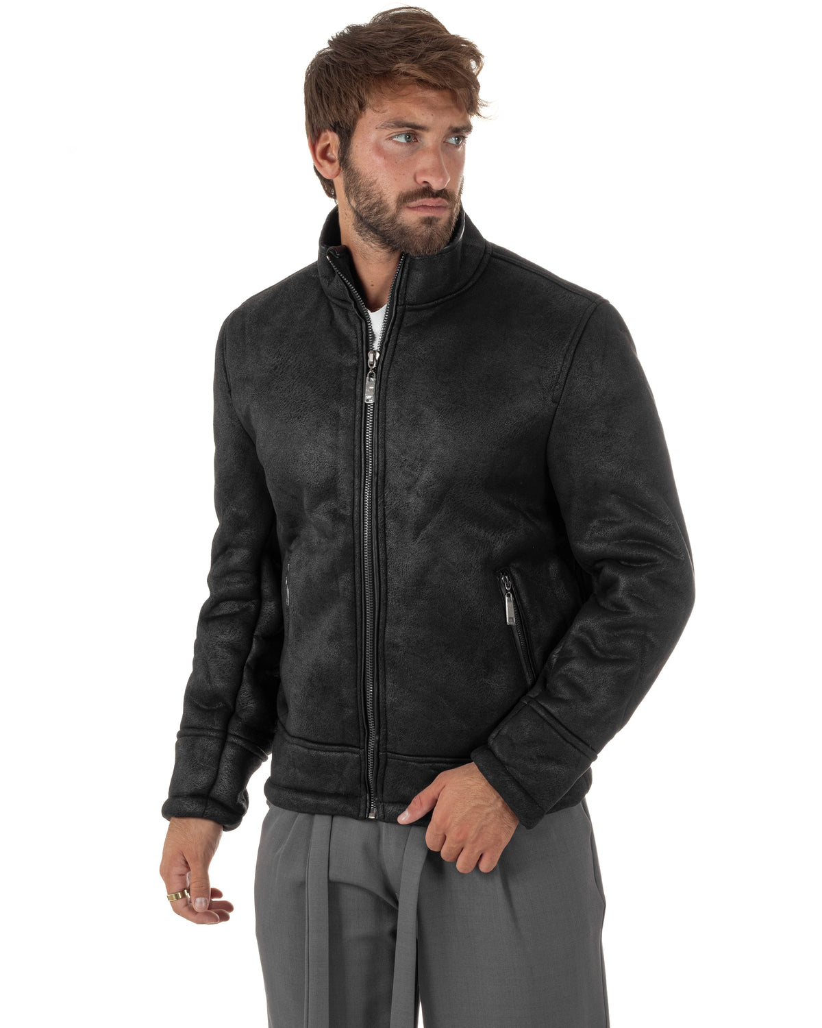 Giubbotto montone uomo camoscio aviatore zip nero GIOSAL-G3425A