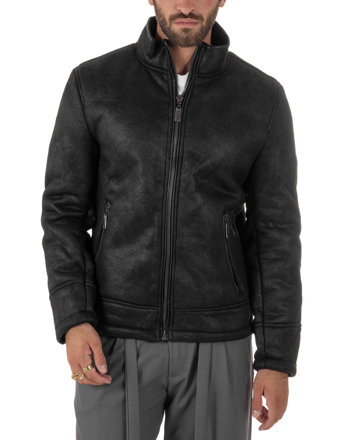 Giubbotto montone uomo camoscio aviatore zip nero GIOSAL-G3425A
