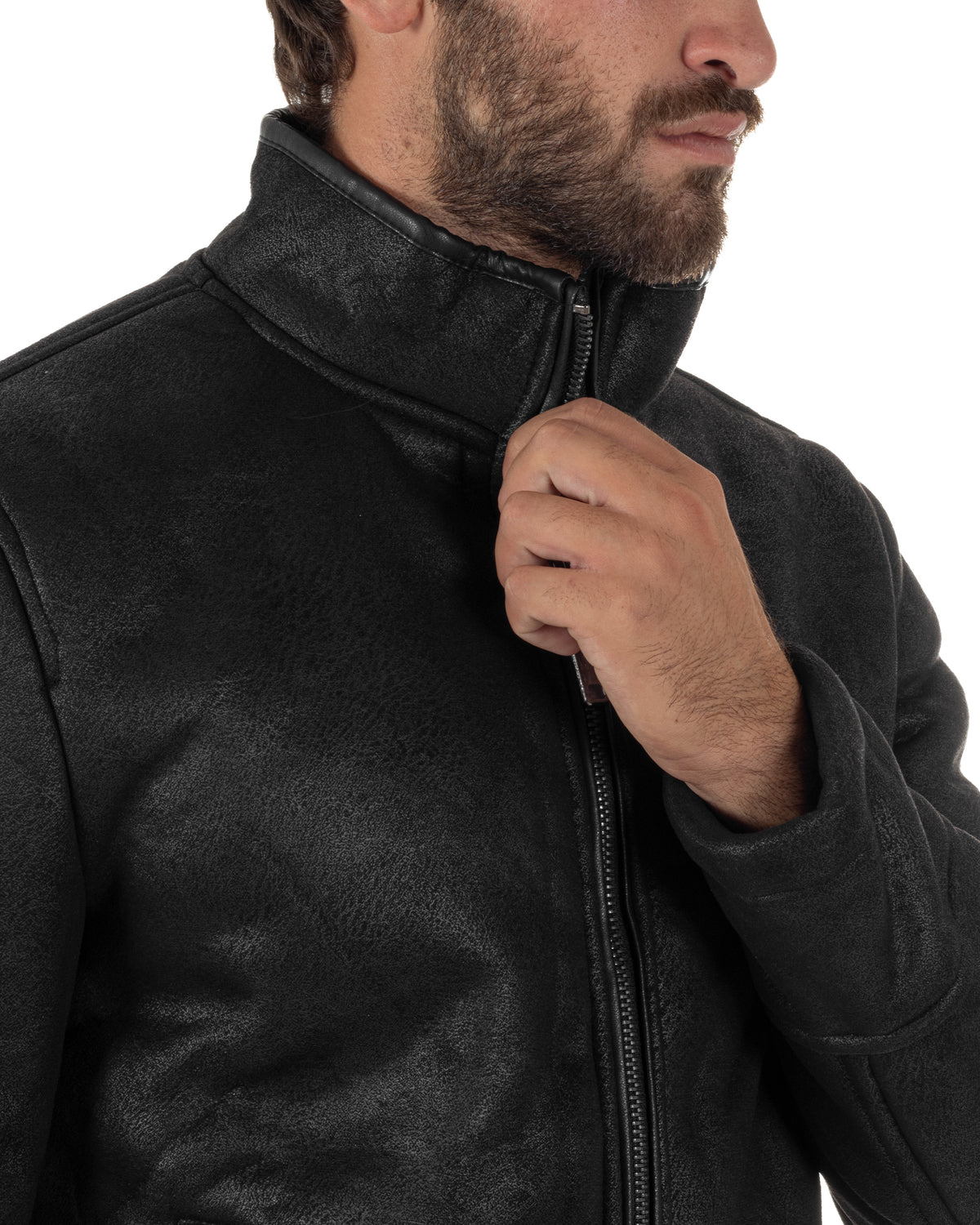 Giubbotto montone uomo camoscio aviatore zip nero GIOSAL-G3425A