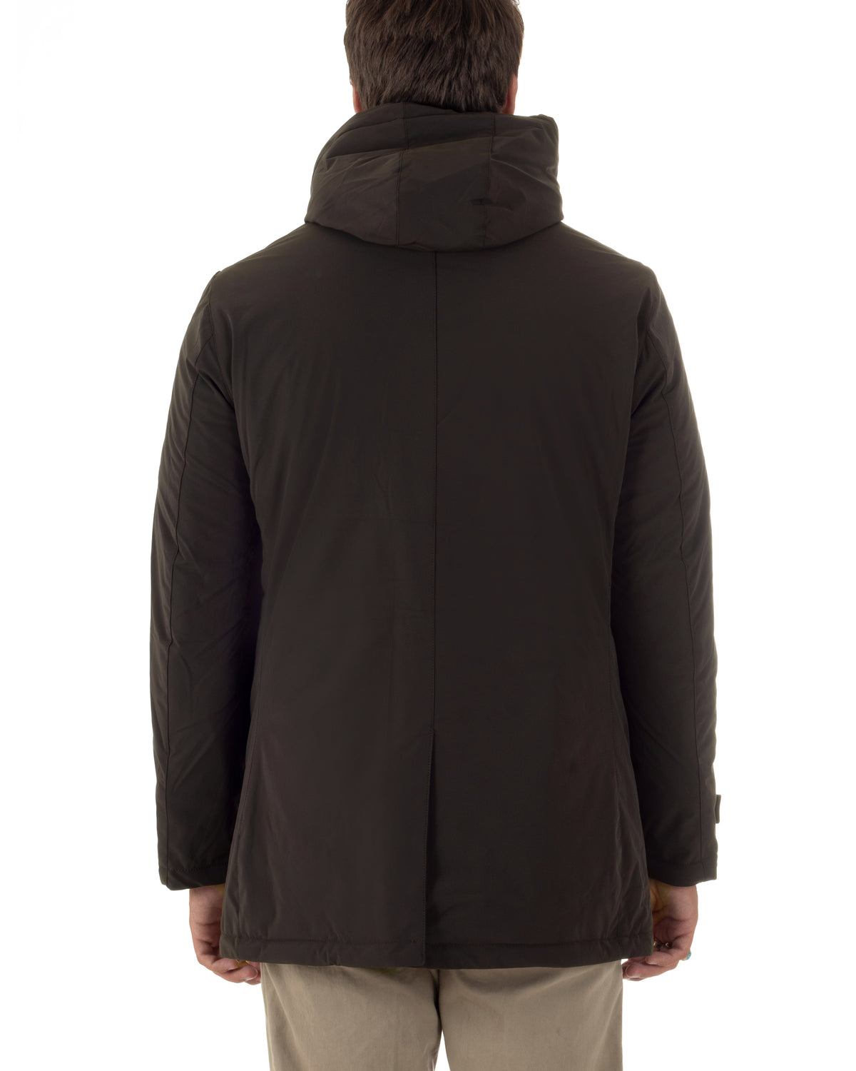 Giubbotto uomo tessuto tecnico imbottito con collo alto e cappuccio marrone GIOSAL-G3426A