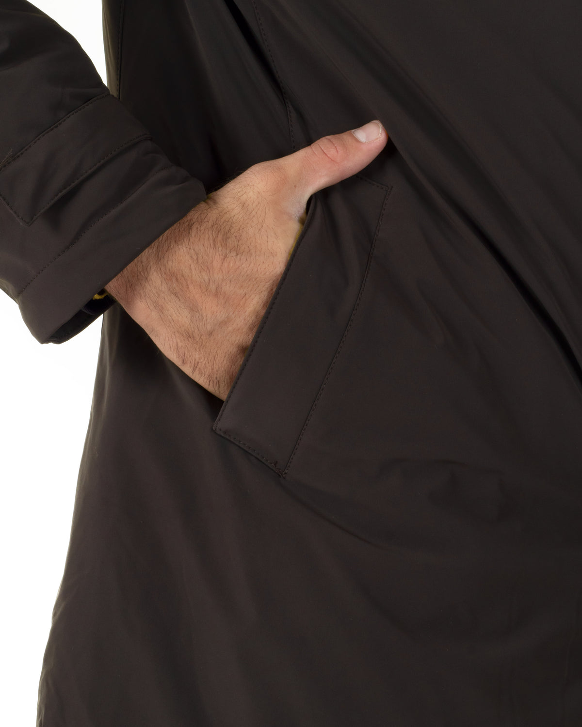 Giubbotto uomo tessuto tecnico imbottito con collo alto e cappuccio marrone GIOSAL-G3426A