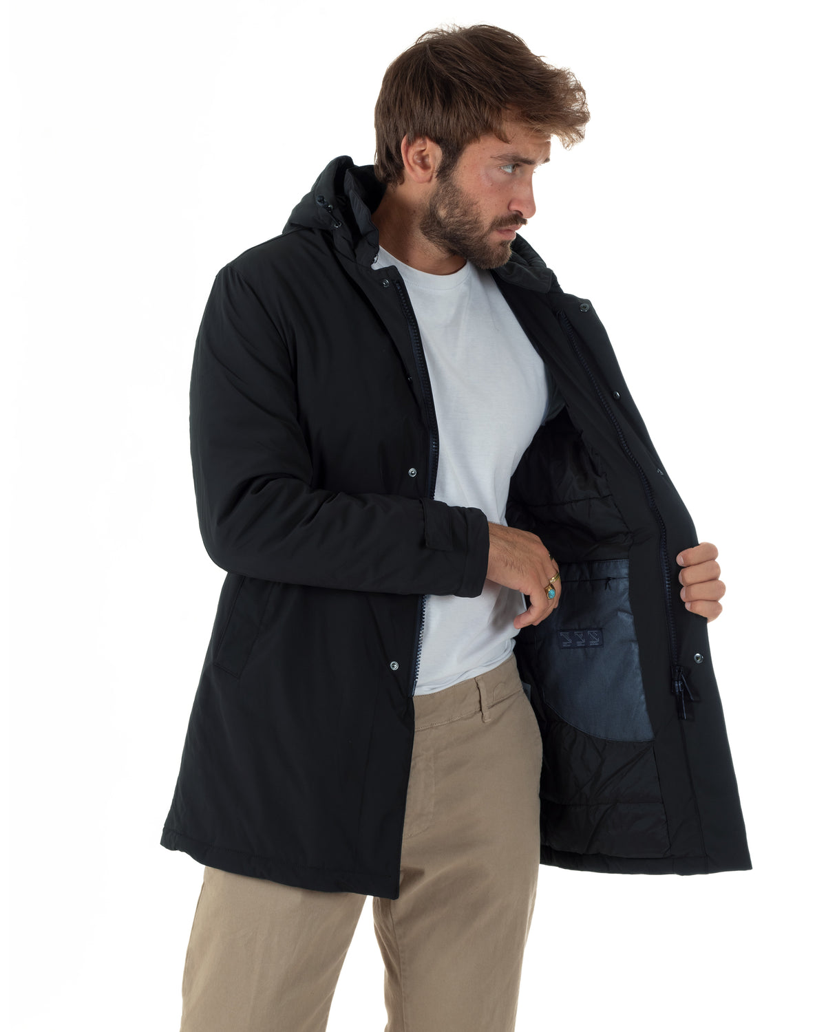 Giubbotto uomo tessuto tecnico imbottito con collo alto e cappuccio blu GIOSAL-G3427A