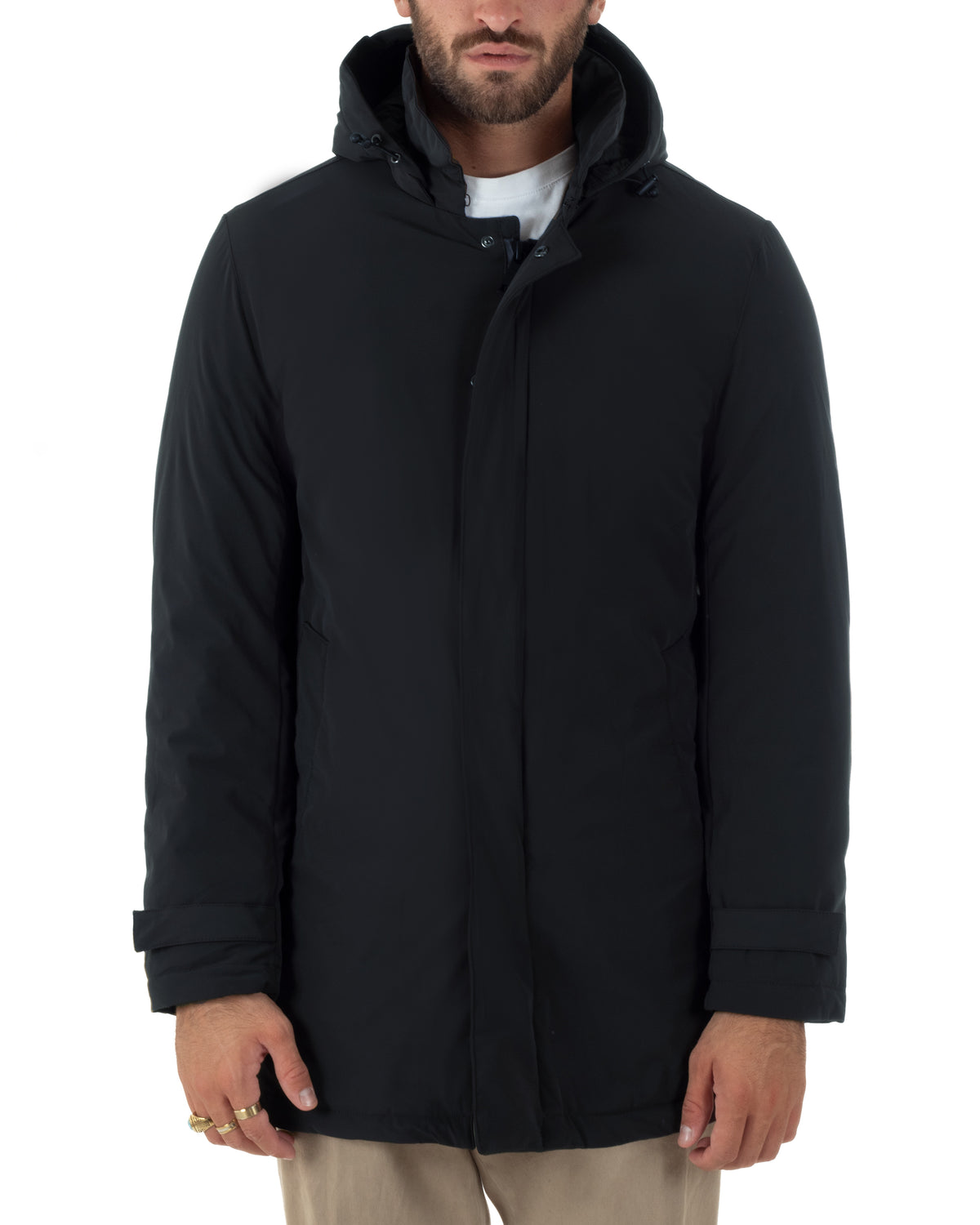 Giubbotto uomo tessuto tecnico imbottito con collo alto e cappuccio blu GIOSAL-G3427A