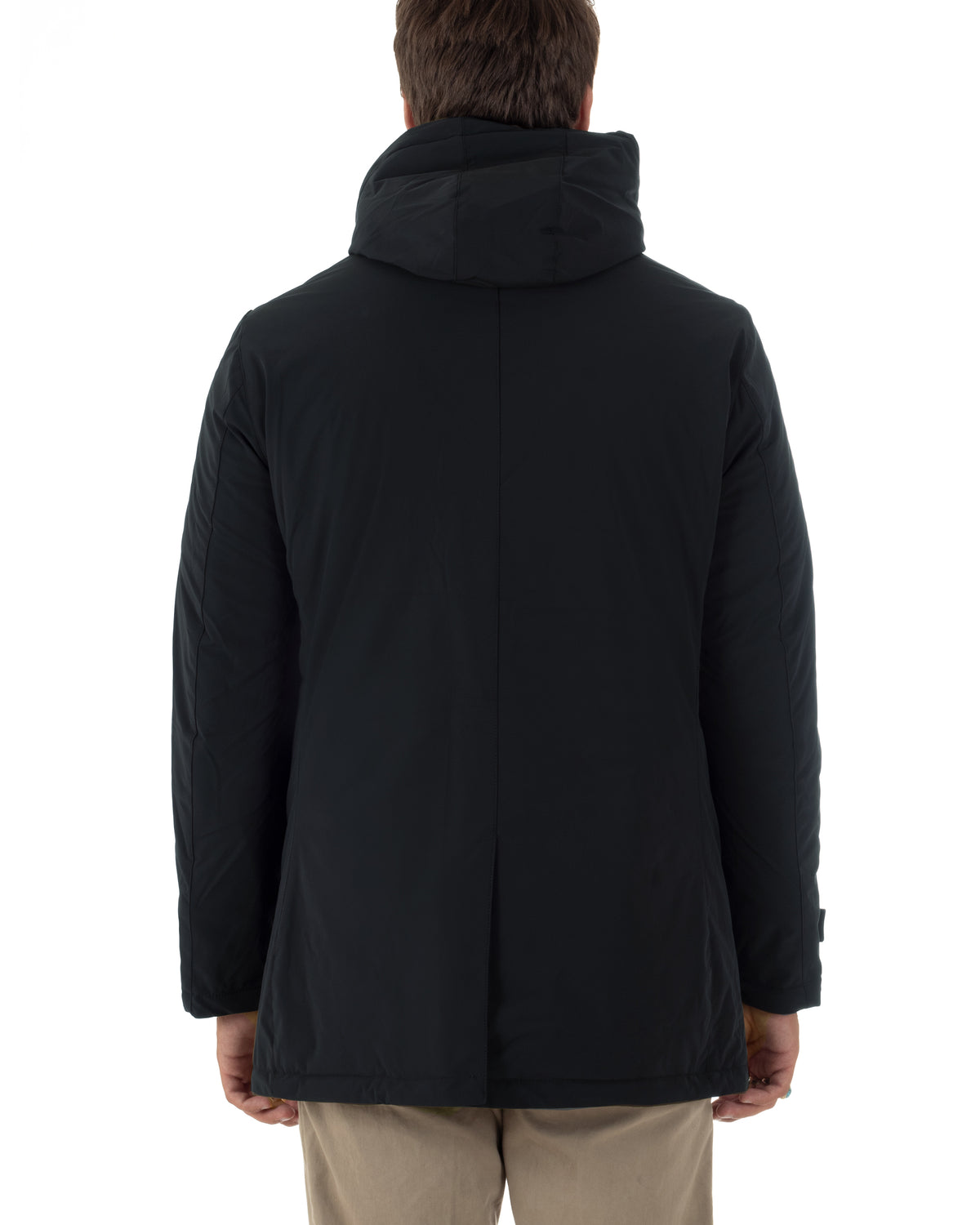 Giubbotto uomo tessuto tecnico imbottito con collo alto e cappuccio blu GIOSAL-G3427A