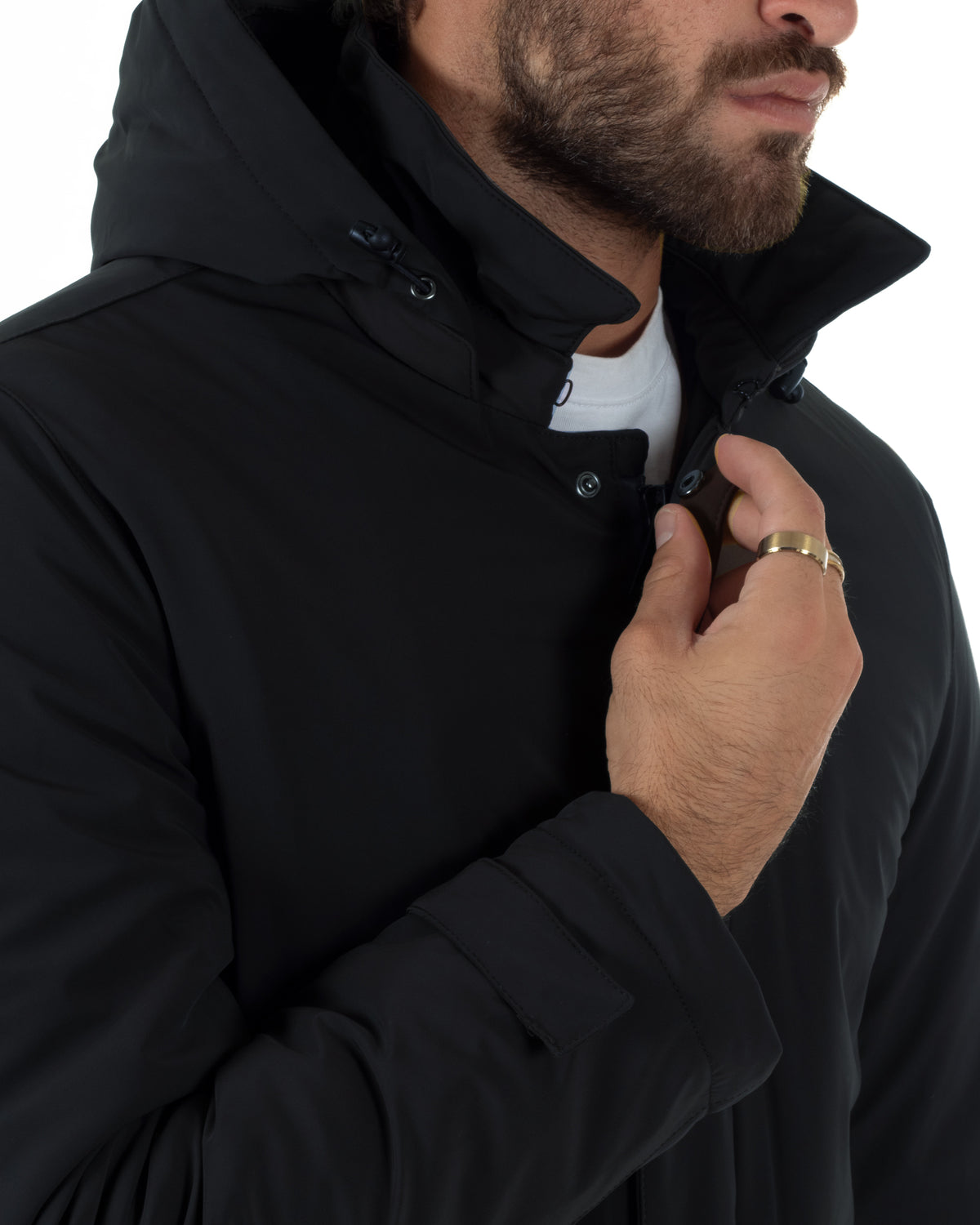 Giubbotto uomo tessuto tecnico imbottito con collo alto e cappuccio blu GIOSAL-G3427A