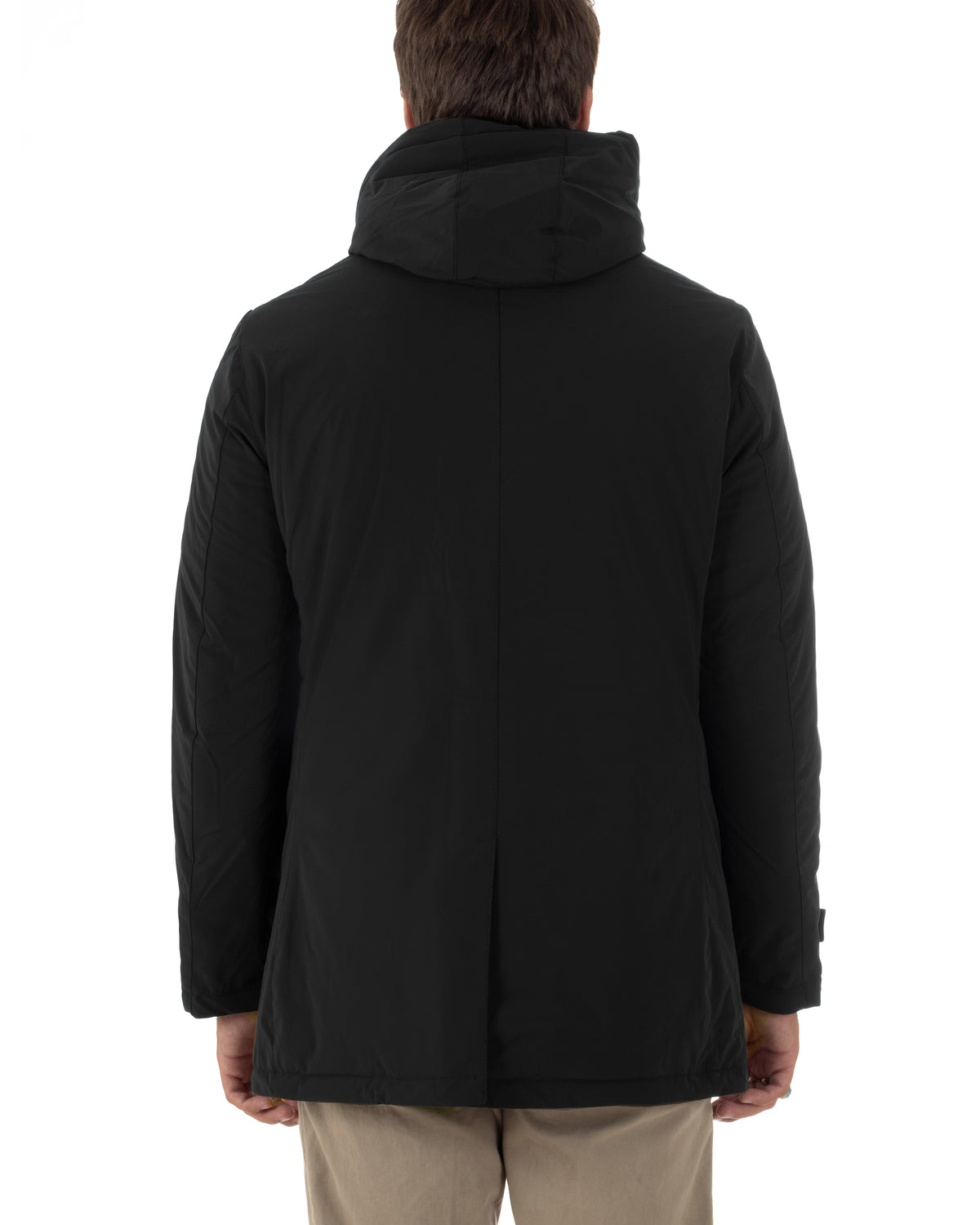 Giubbotto uomo tessuto tecnico imbottito con collo alto e cappuccio nero GIOSAL-G3428A