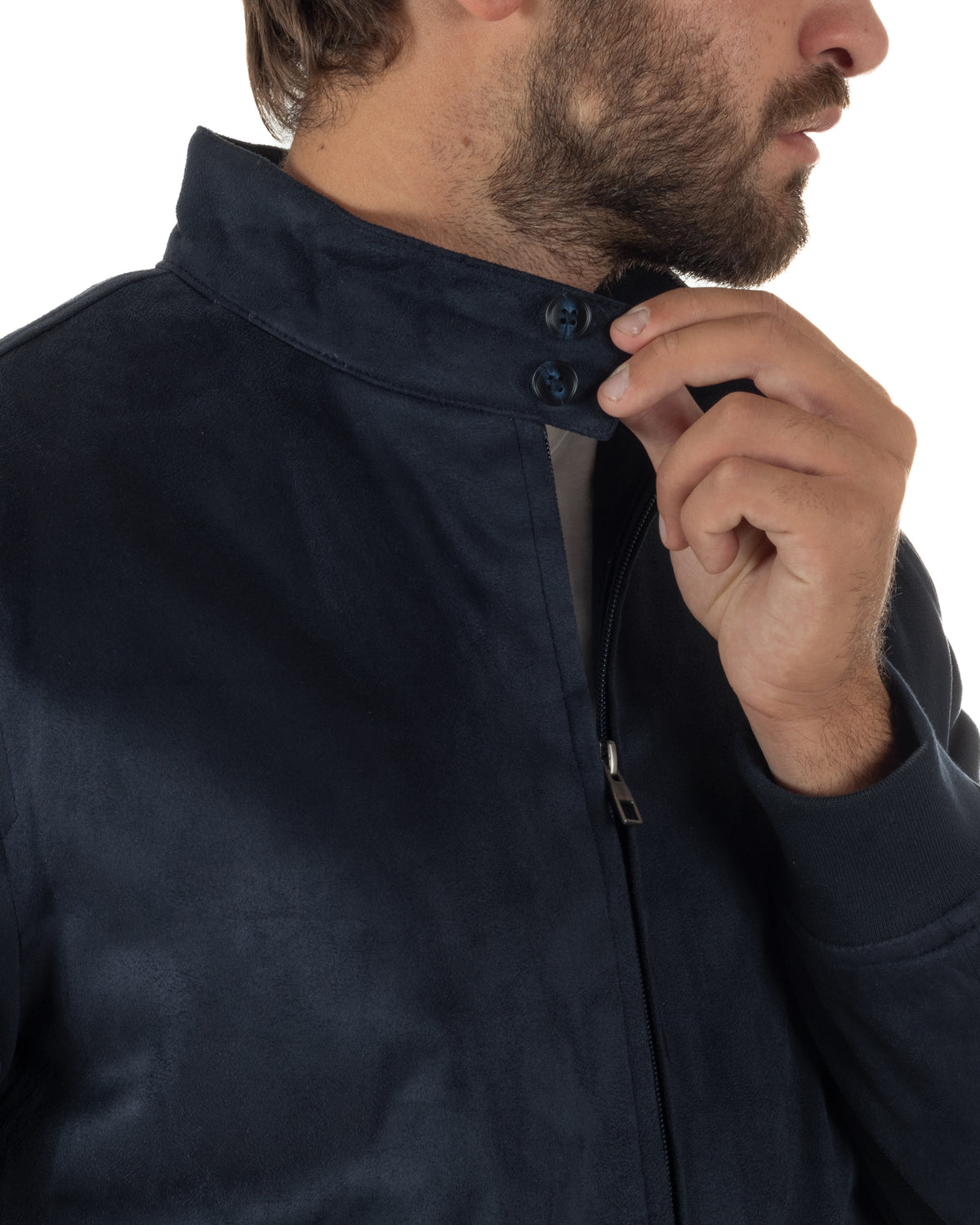 Collo alto con due bottoni e polsino in maglia a coste del giubbotto uomo blu GIOSAL.