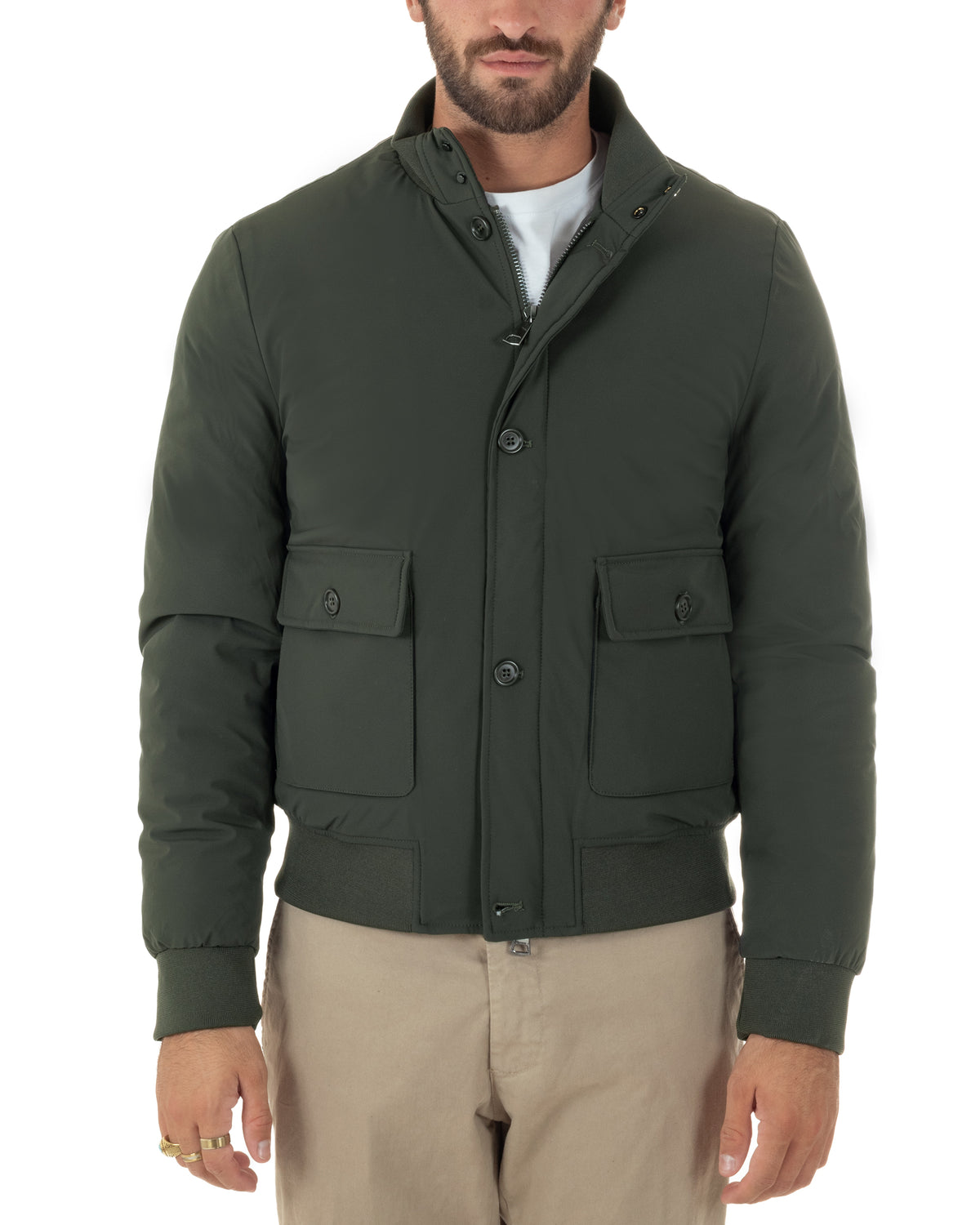 Giubbotto bomber uomo tessuto tecnico impermeabile collo alto tasconi verde GIOSAL-G3432A