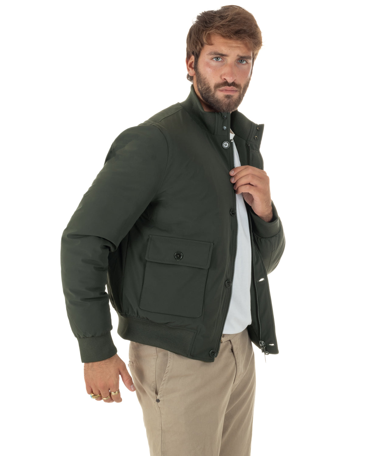 Giubbotto bomber uomo tessuto tecnico impermeabile collo alto tasconi verde GIOSAL-G3432A
