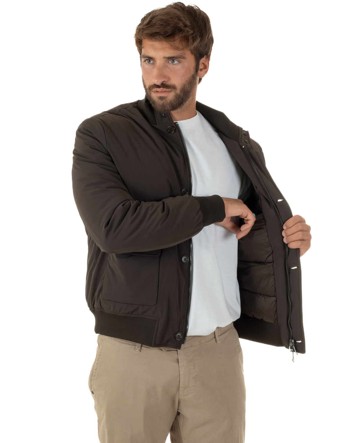 Giubbotto bomber uomo tessuto tecnico impermeabile collo alto tasconi marrone GIOSAL-G3433A