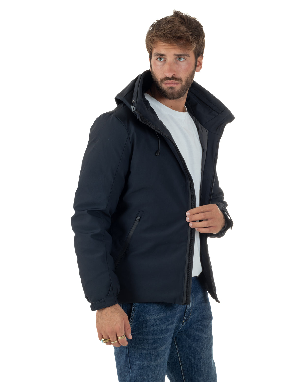 Giubbotto uomo tessuto tecnico imbottito zip cappuccio coulisse blu GIOSAL-G3438A