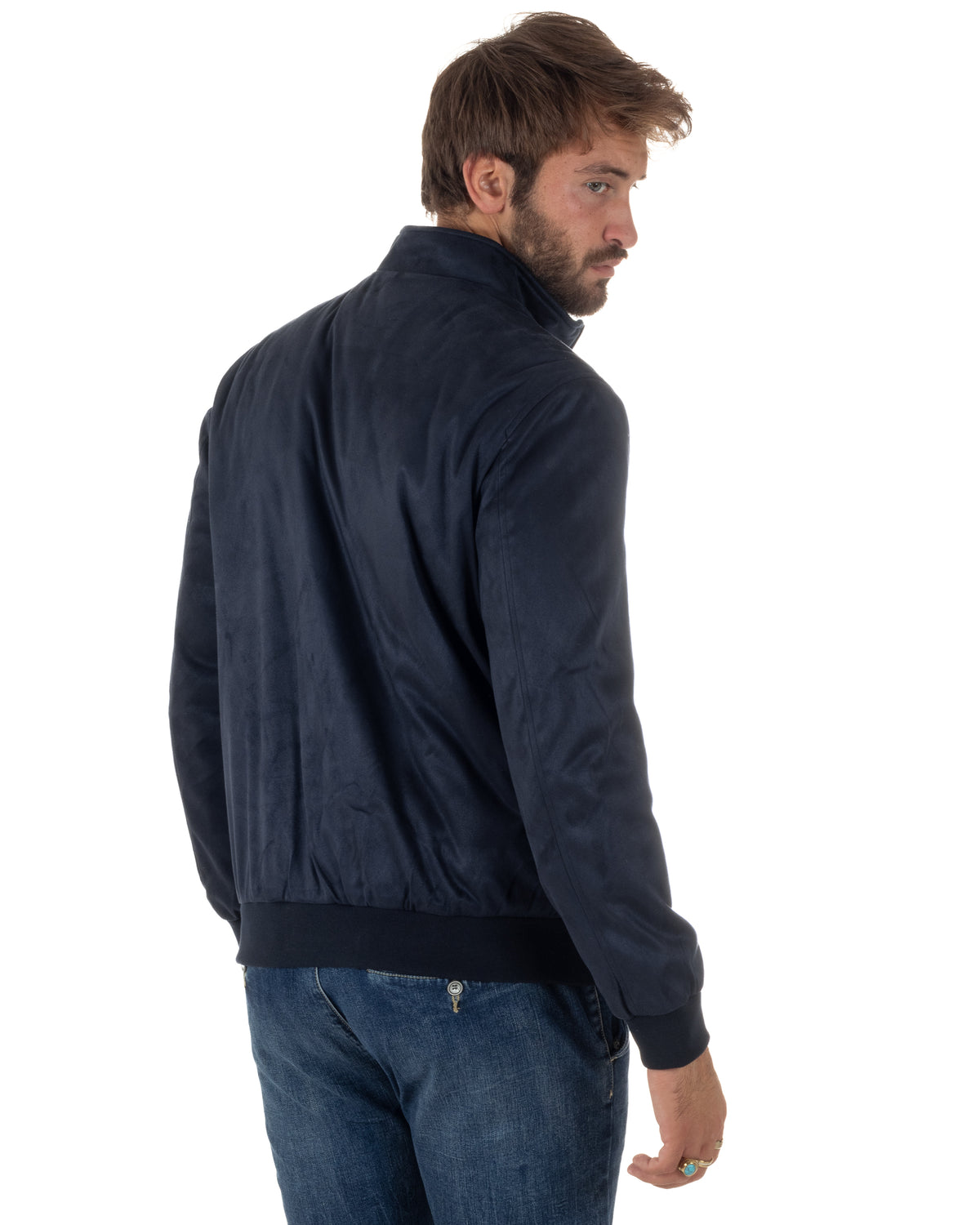 Giubbotto bomber uomo camoscio zip collo alto blu GIOSAL-G3436A