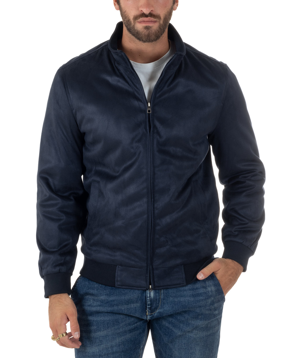 Giubbotto bomber uomo camoscio zip collo alto blu GIOSAL-G3436A