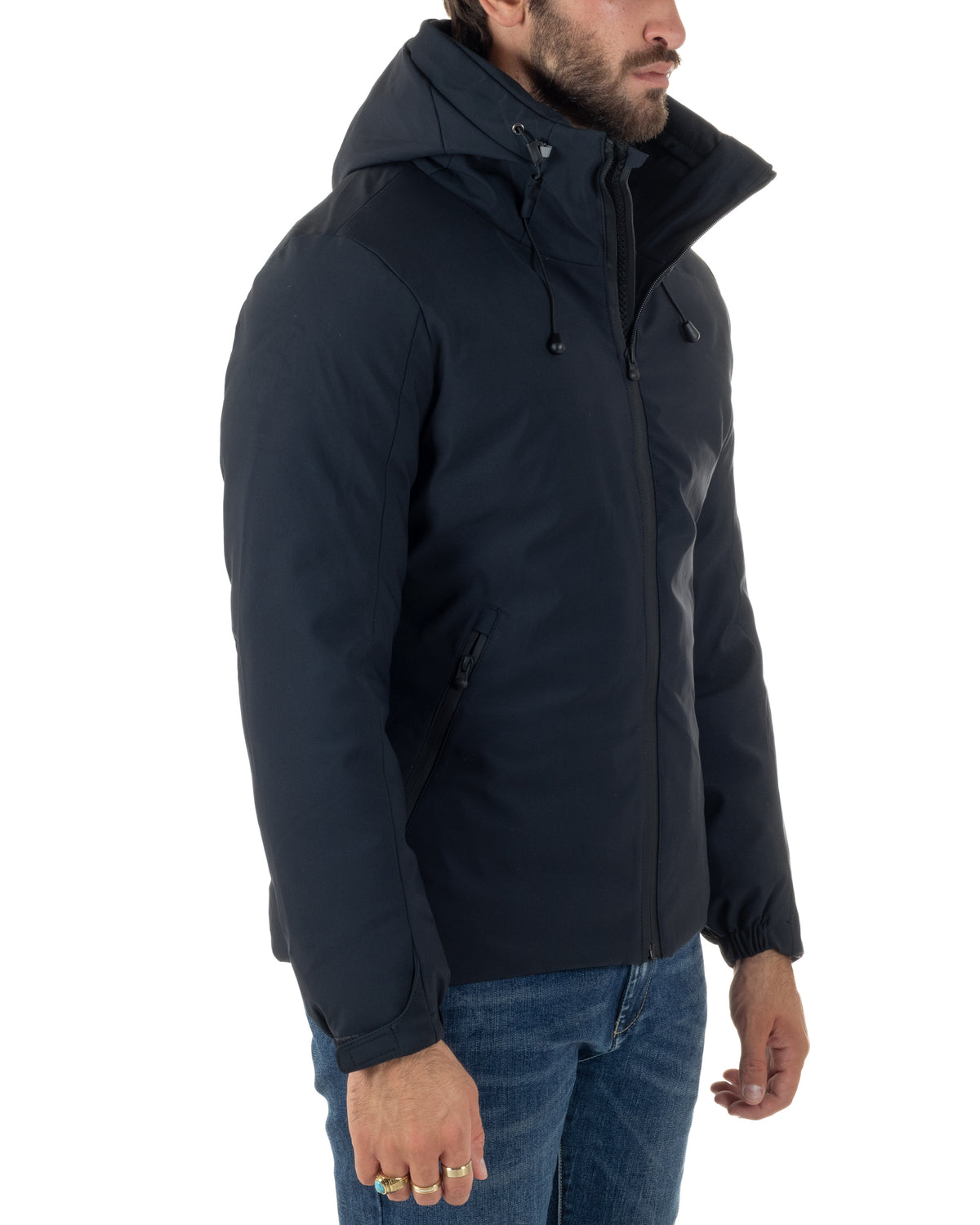 Giubbotto uomo tessuto tecnico imbottito zip cappuccio coulisse blu GIOSAL-G3438A
