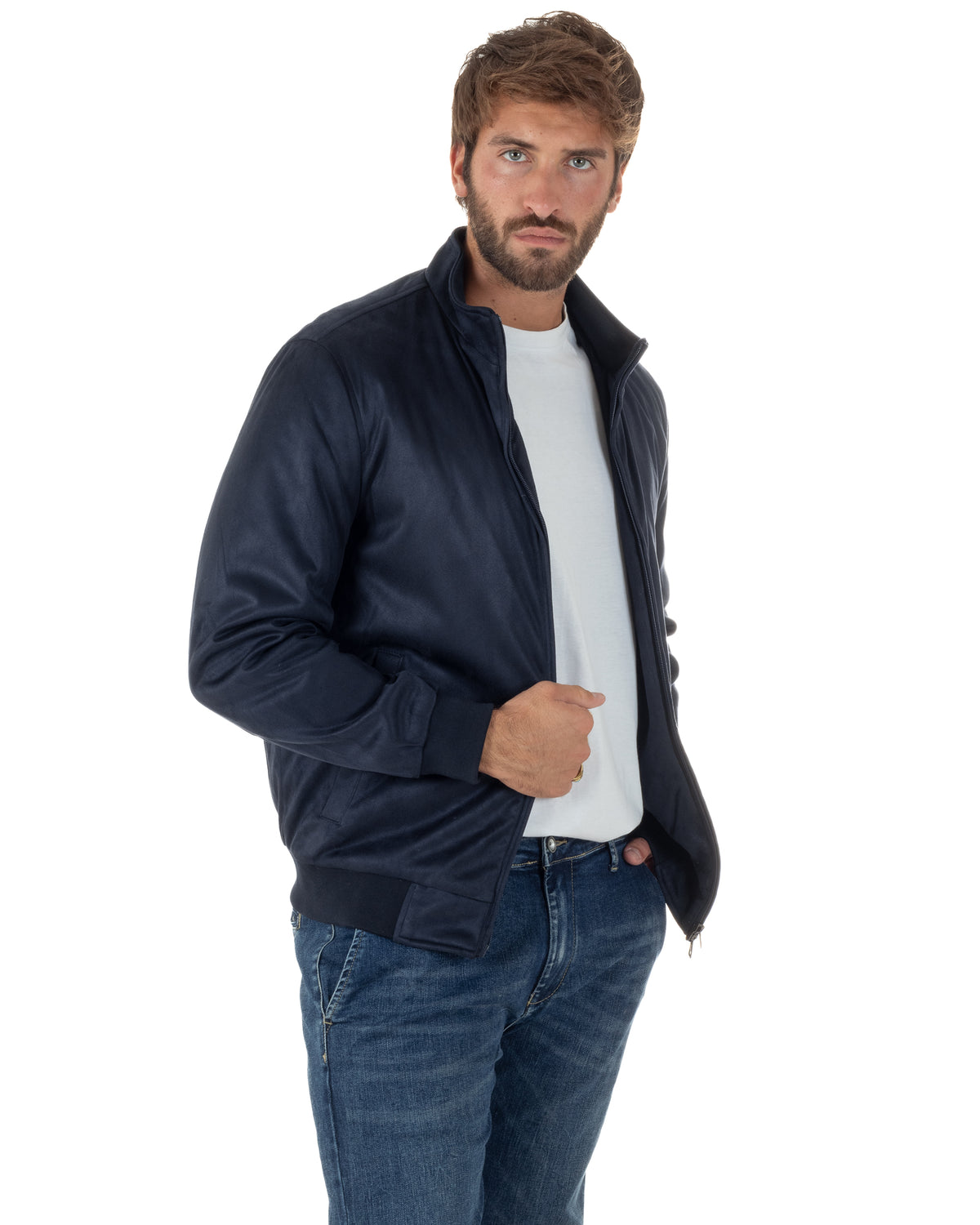 Giubbotto bomber uomo camoscio zip collo alto blu GIOSAL-G3436A
